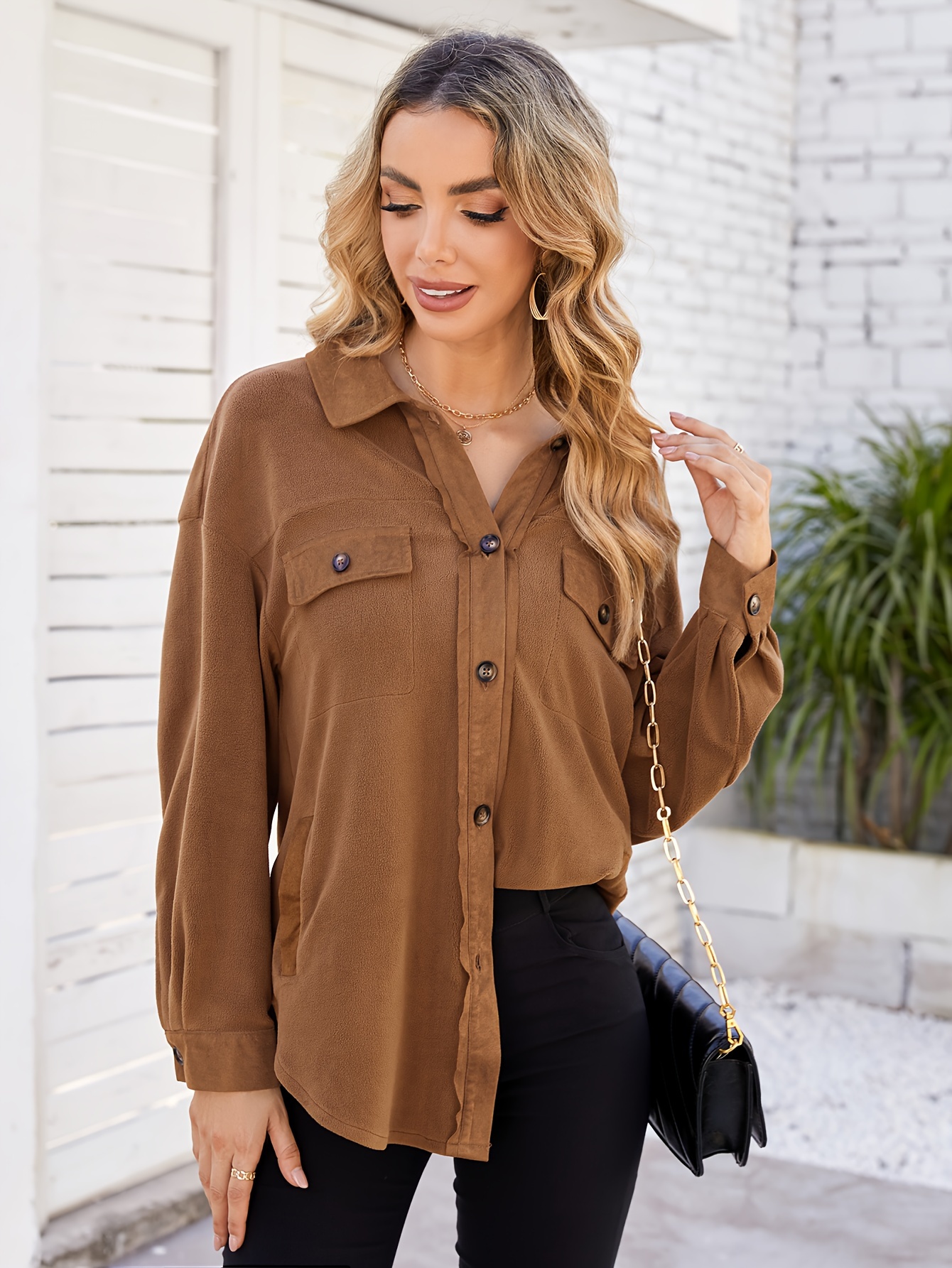 drop shoulder button front shirt casual long sleeve with pocket shirt for spring fall womens clothing details 18