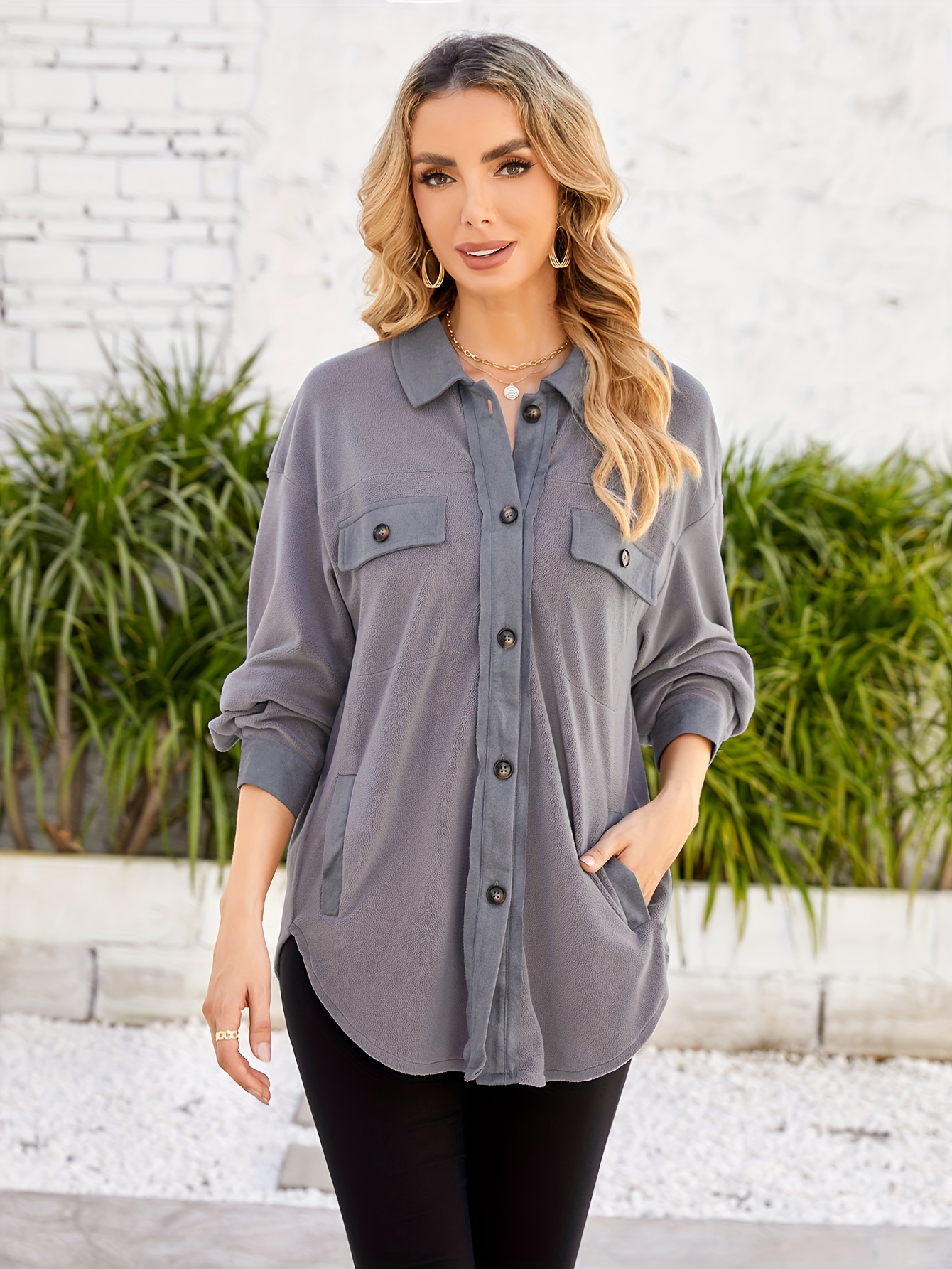 drop shoulder button front shirt casual long sleeve with pocket shirt for spring fall womens clothing details 28