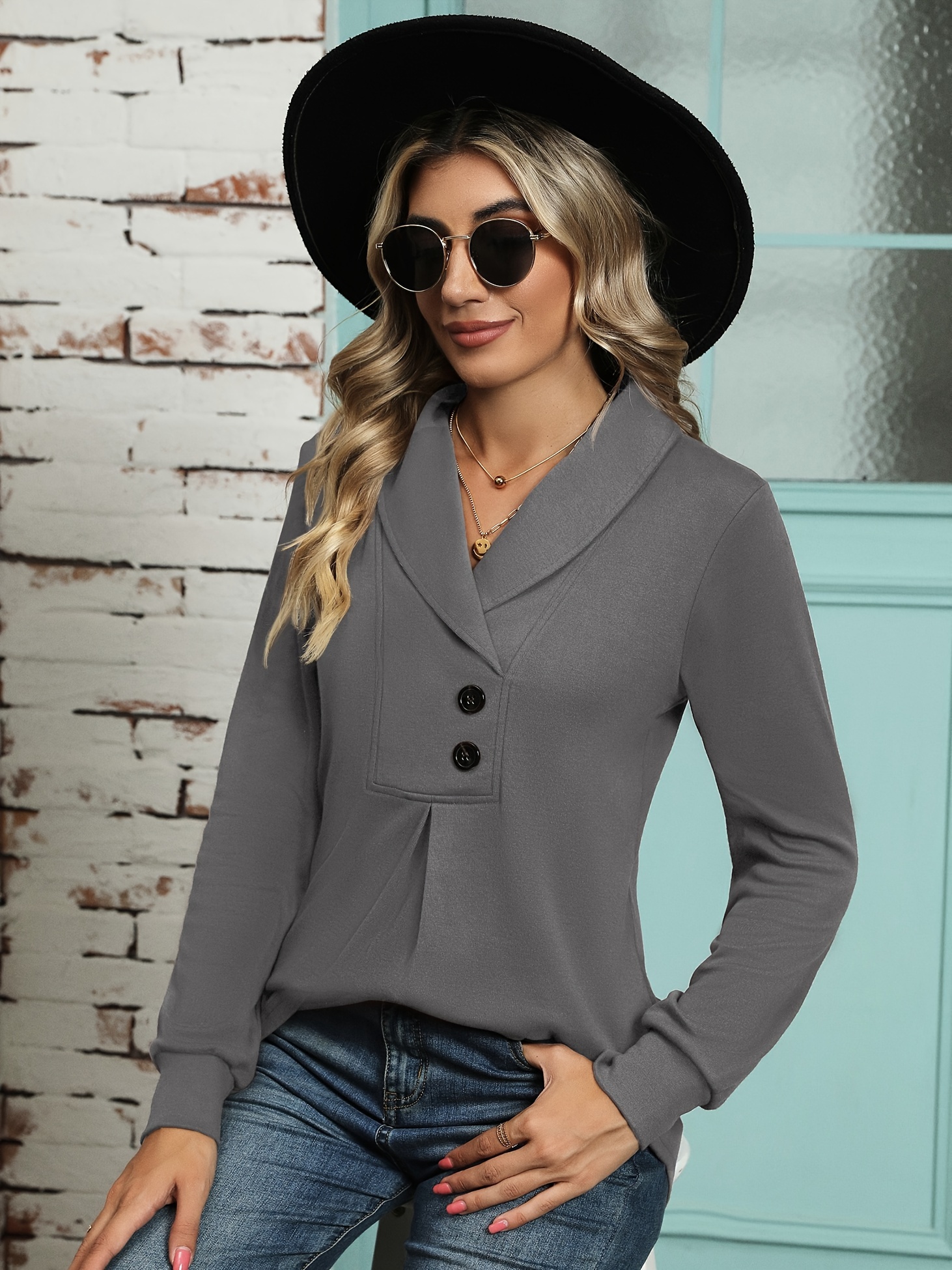 Women s Long Sleeve Shawl Collar Button Tunic Tops Casual Swing Pullover Sweatshirt details 21