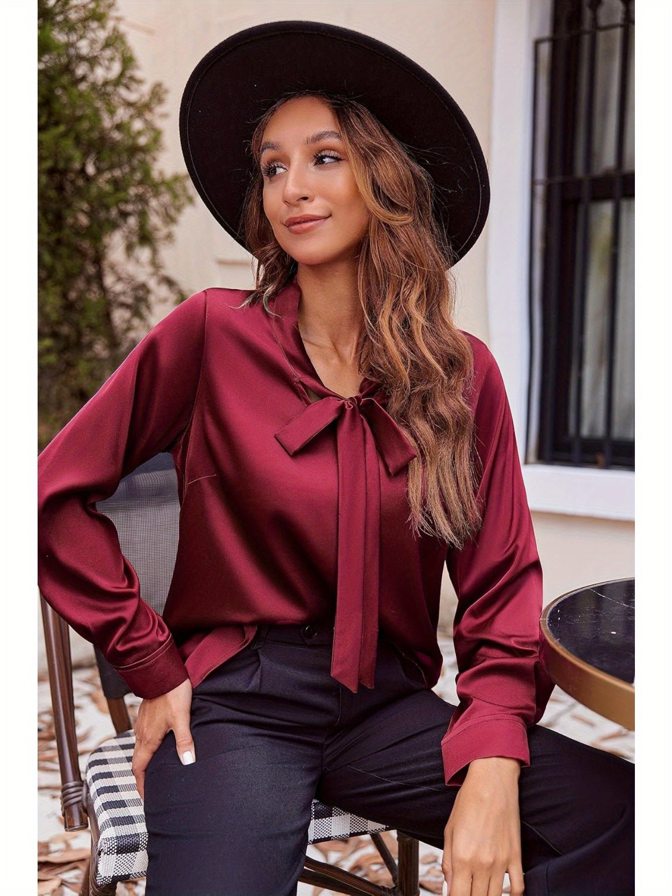 womens satin silk long sleeve blouse with bow tie neck office work wear elegant tops details 9