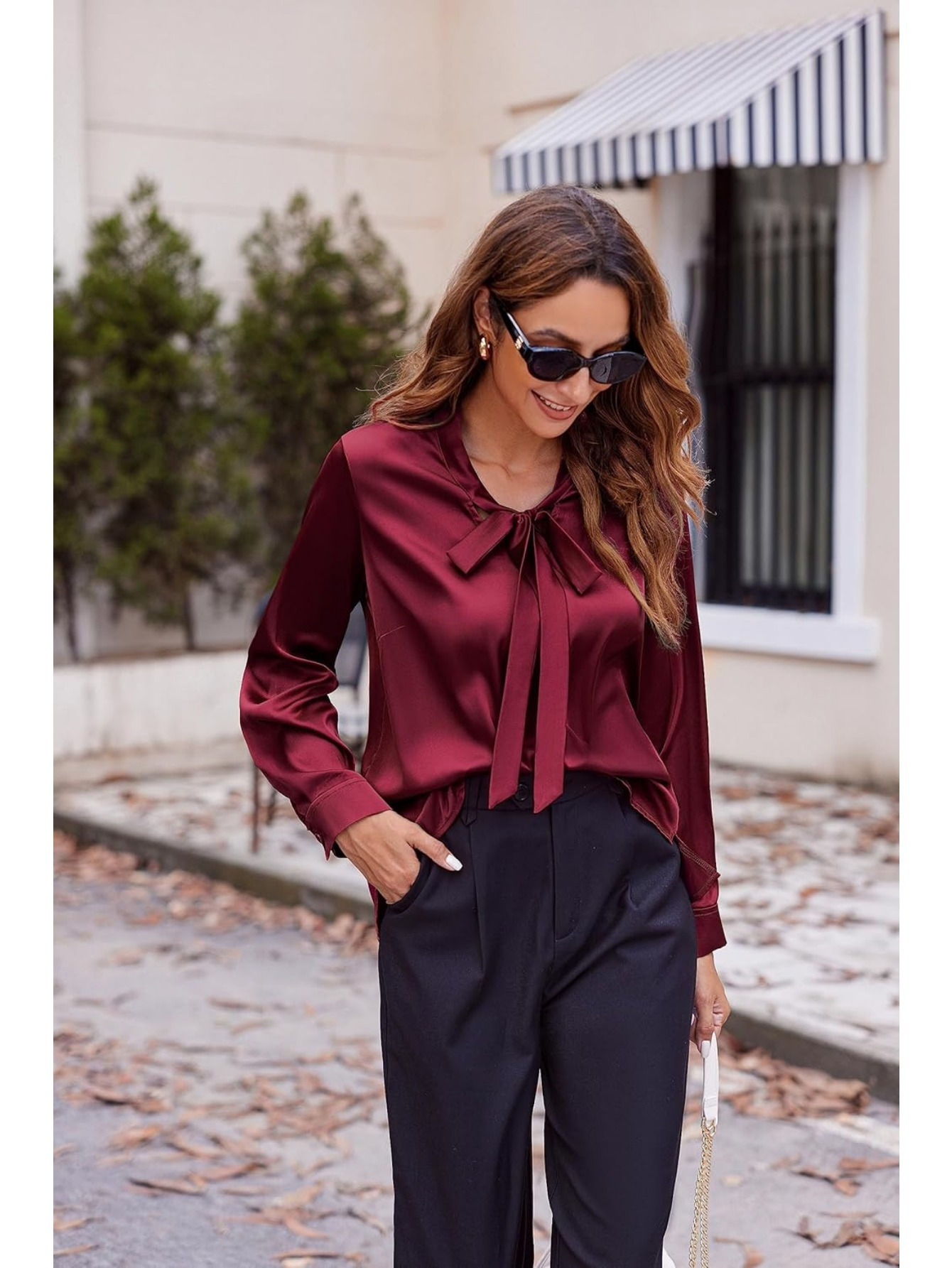 womens satin silk long sleeve blouse with bow tie neck office work wear elegant tops details 11