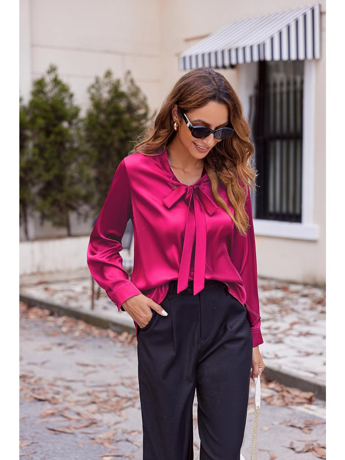 womens satin silk long sleeve blouse with bow tie neck office work wear elegant tops details 17