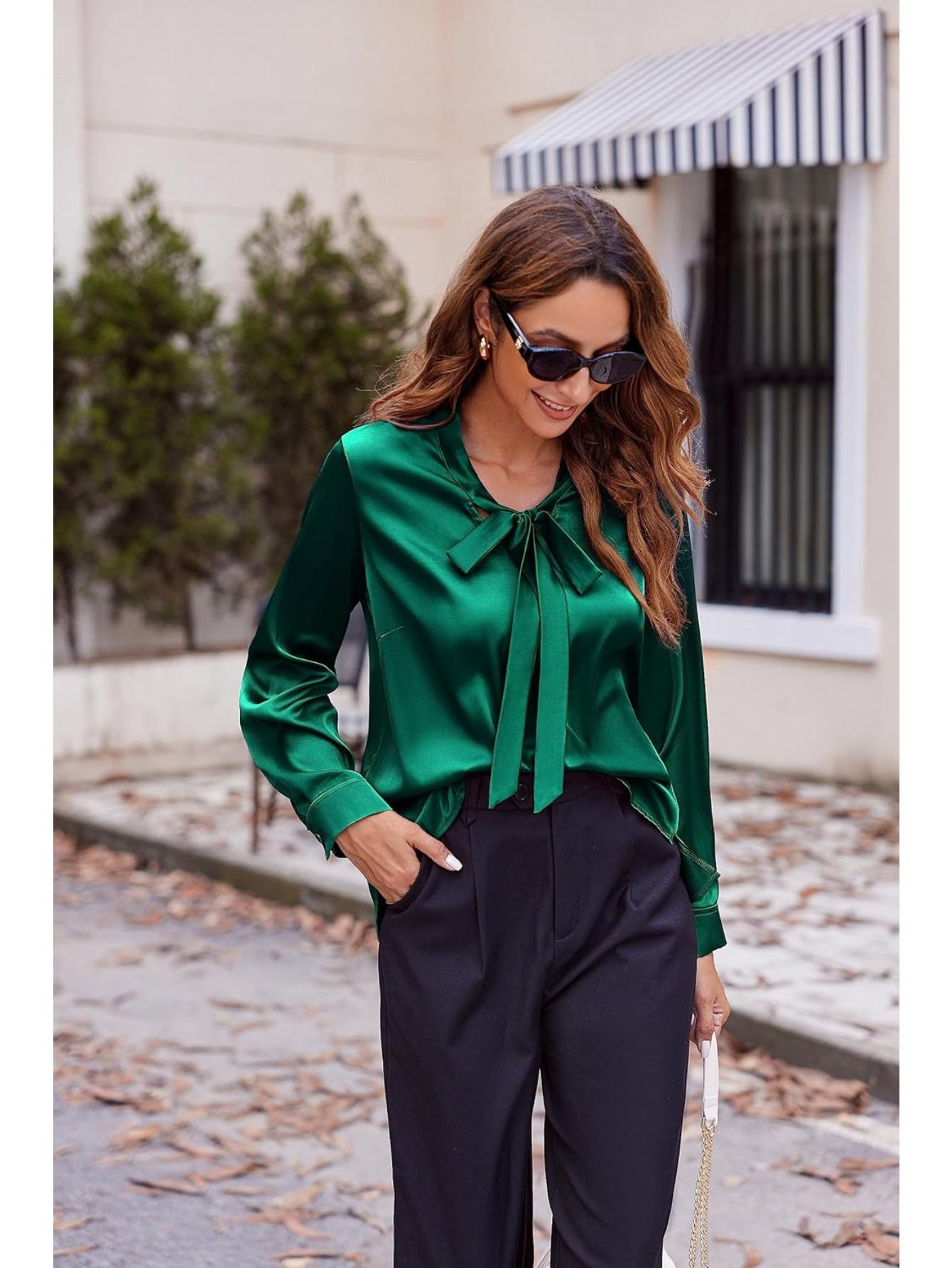 womens satin silk long sleeve blouse with bow tie neck office work wear elegant tops details 27