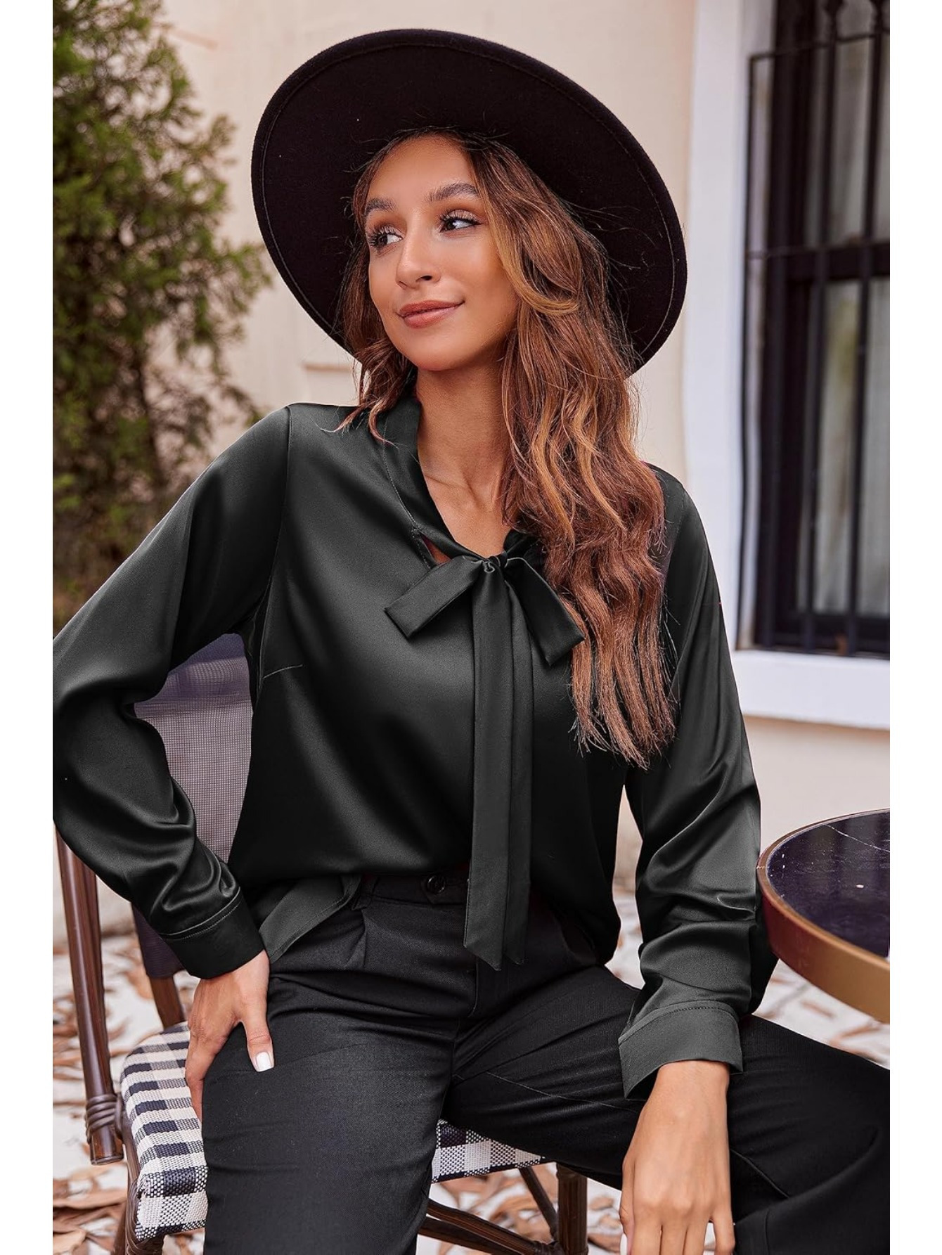 womens satin silk long sleeve blouse with bow tie neck office work wear elegant tops details 39