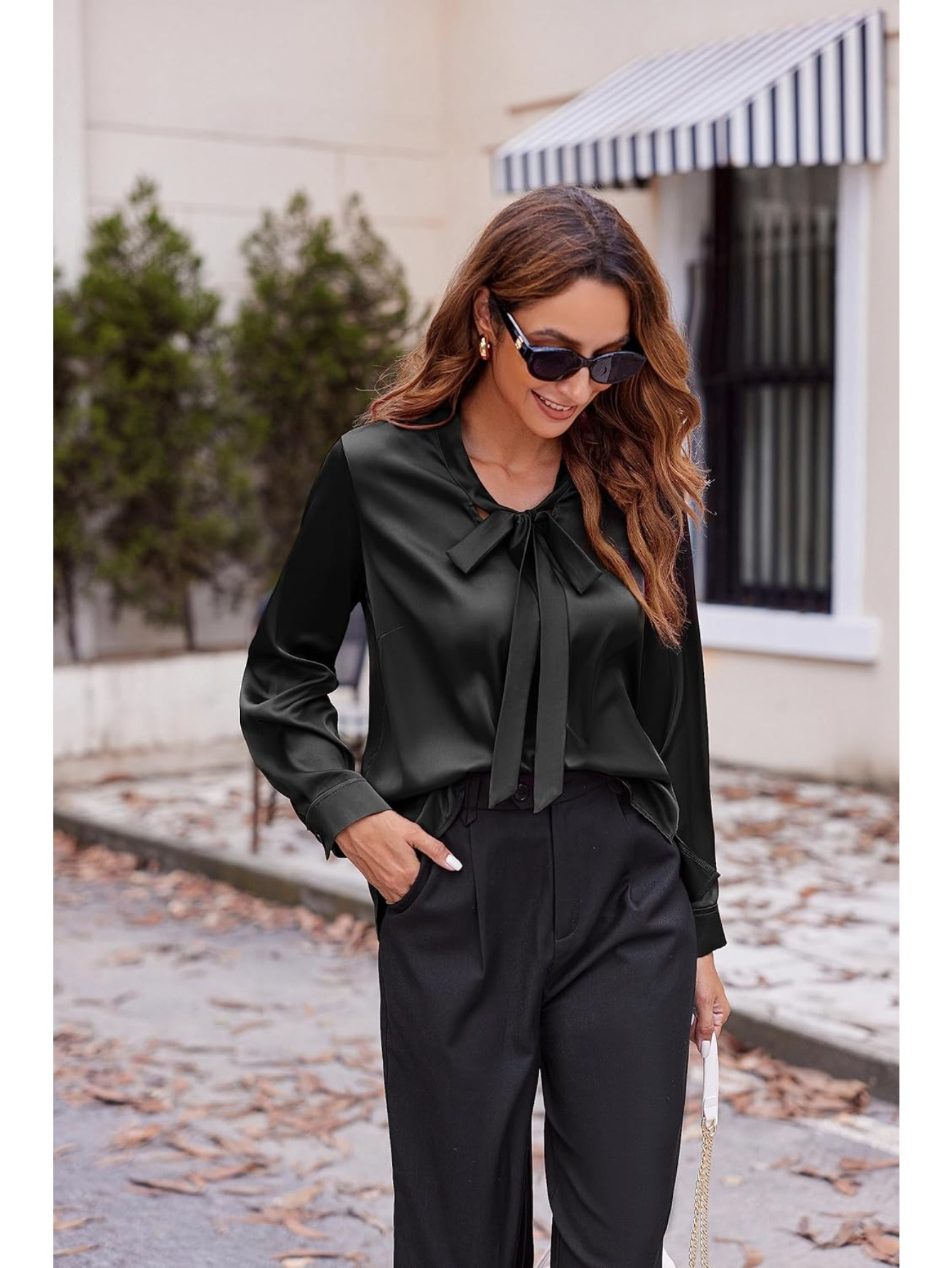 womens satin silk long sleeve blouse with bow tie neck office work wear elegant tops details 40