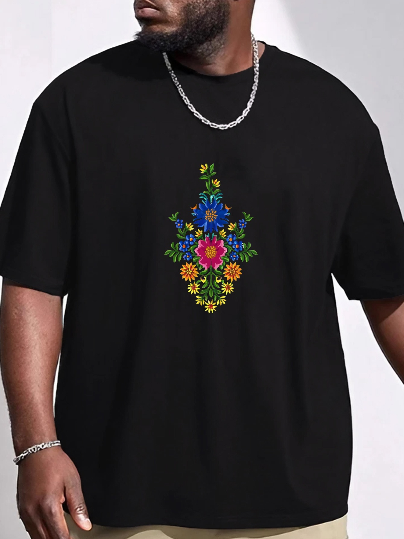 plus size vibrant flowers print mens graphic t shirt oversized short sleeve casual tee for big tall guys details 5