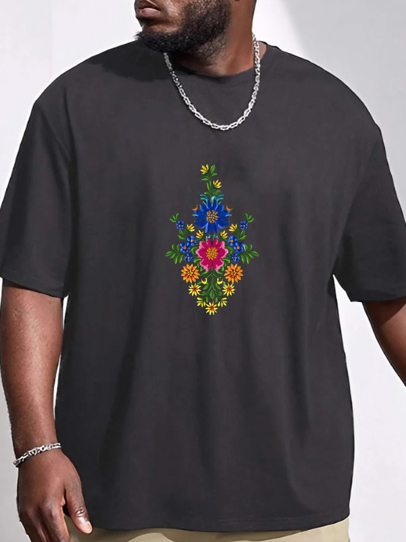 plus size vibrant flowers print mens graphic t shirt oversized short sleeve casual tee for big tall guys details 16