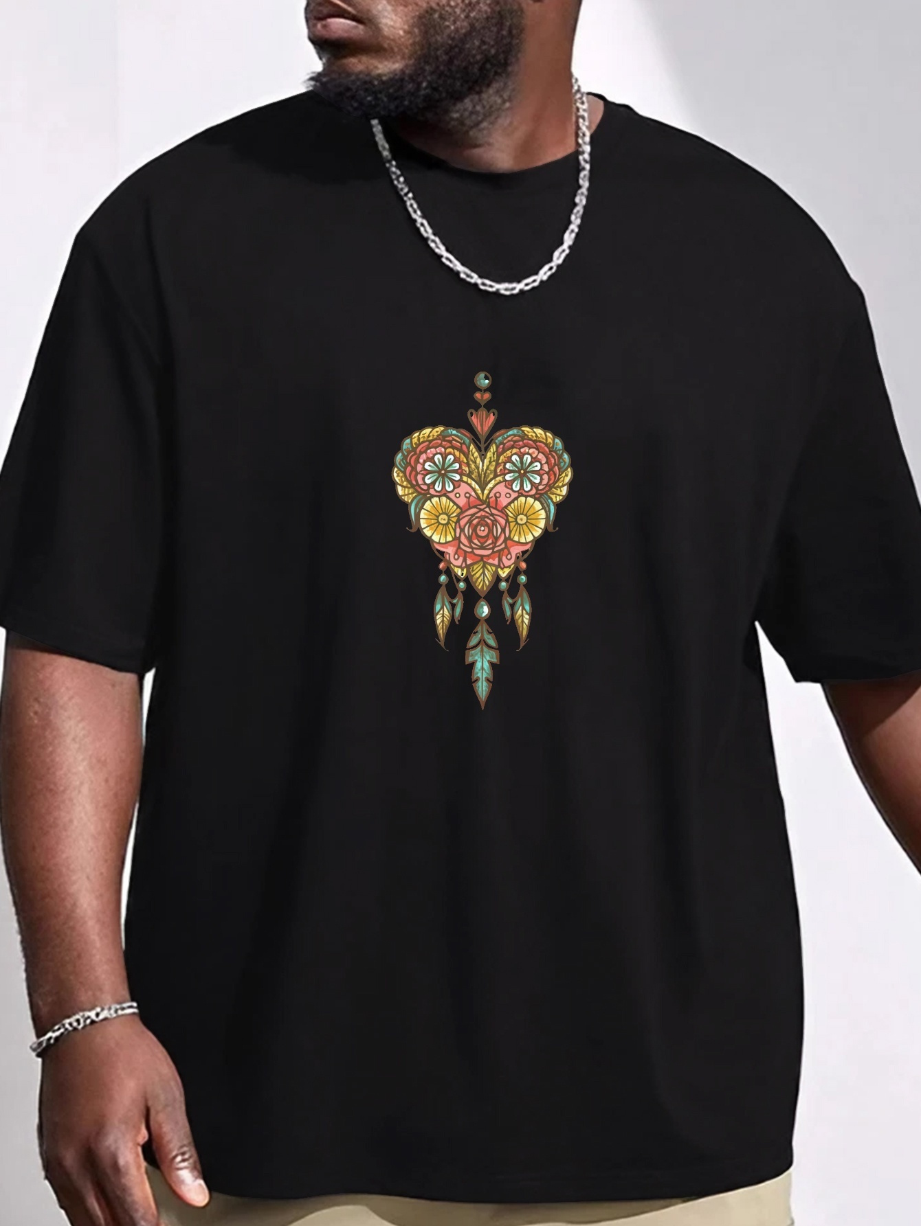 plus size boho heart print mens graphic t shirt oversized short sleeve casual tee for big tall guys details 5