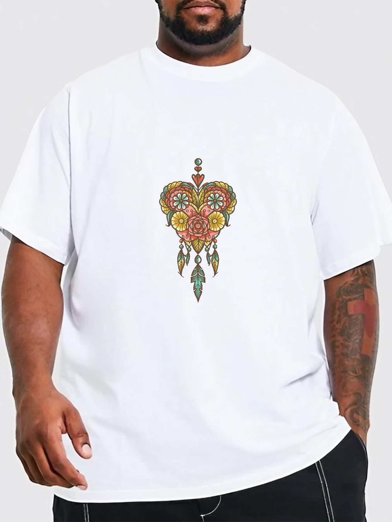 plus size boho heart print mens graphic t shirt oversized short sleeve casual tee for big tall guys details 10