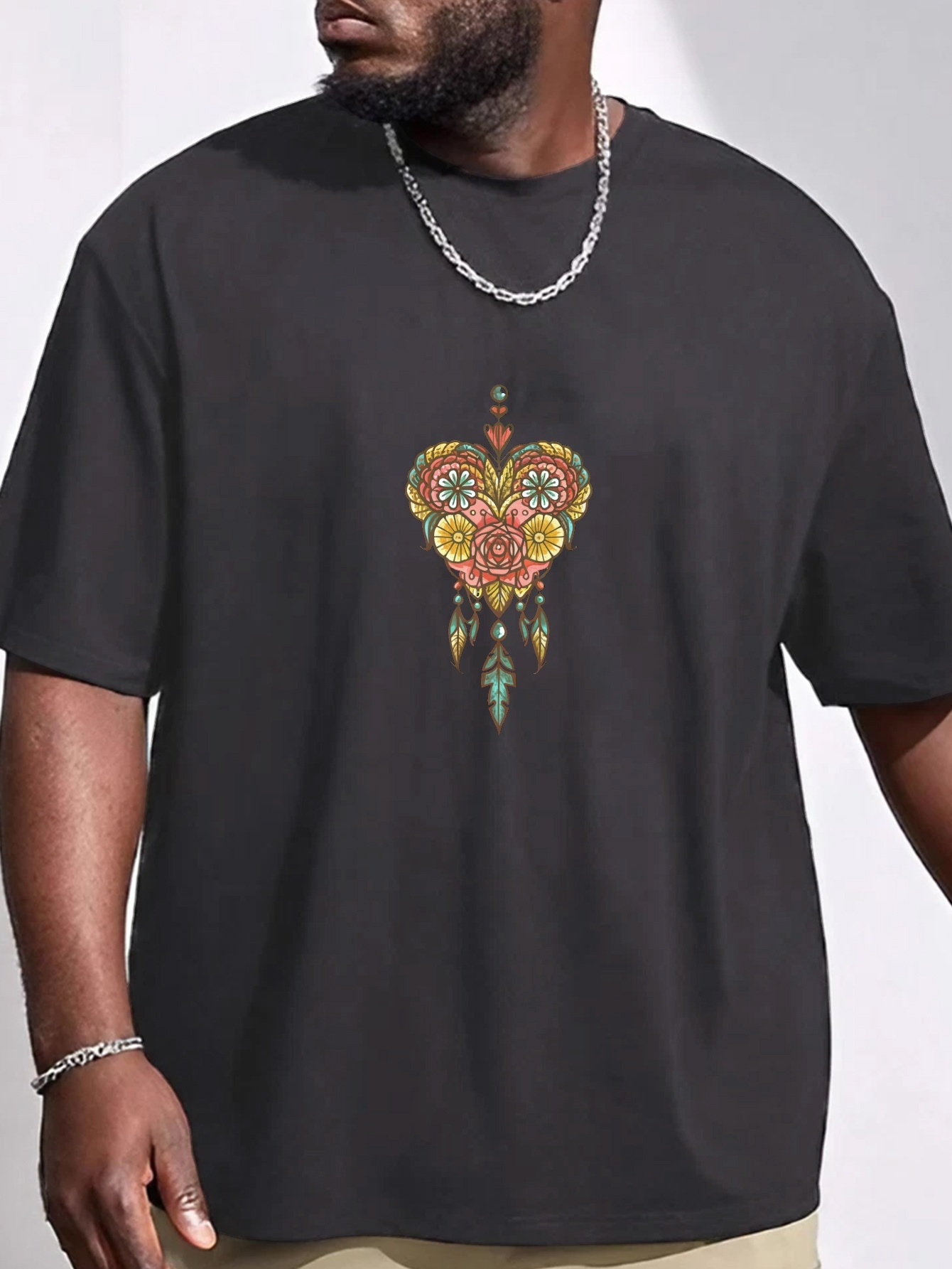 plus size boho heart print mens graphic t shirt oversized short sleeve casual tee for big tall guys details 16