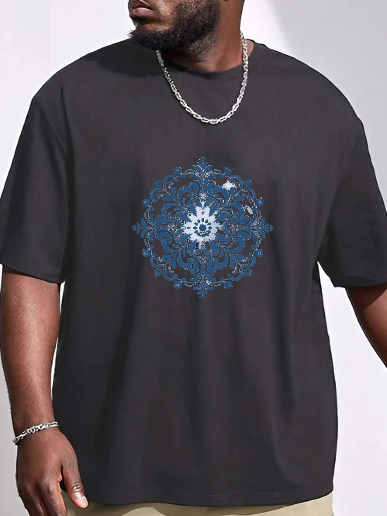 plus size blue floral totem print mens graphic t shirt oversized short sleeve casual tee for big tall guys details 0