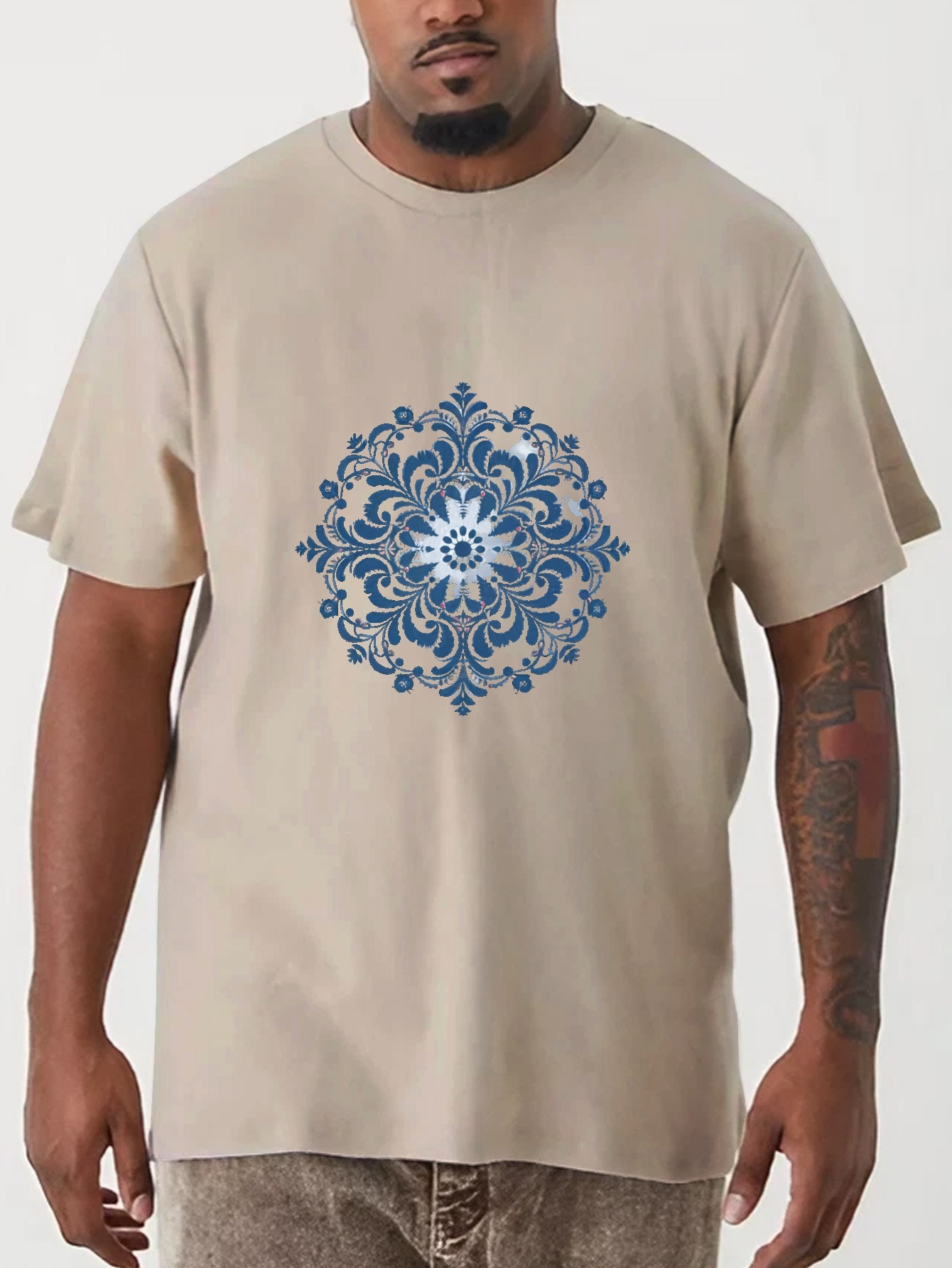 plus size blue floral totem print mens graphic t shirt oversized short sleeve casual tee for big tall guys details 5