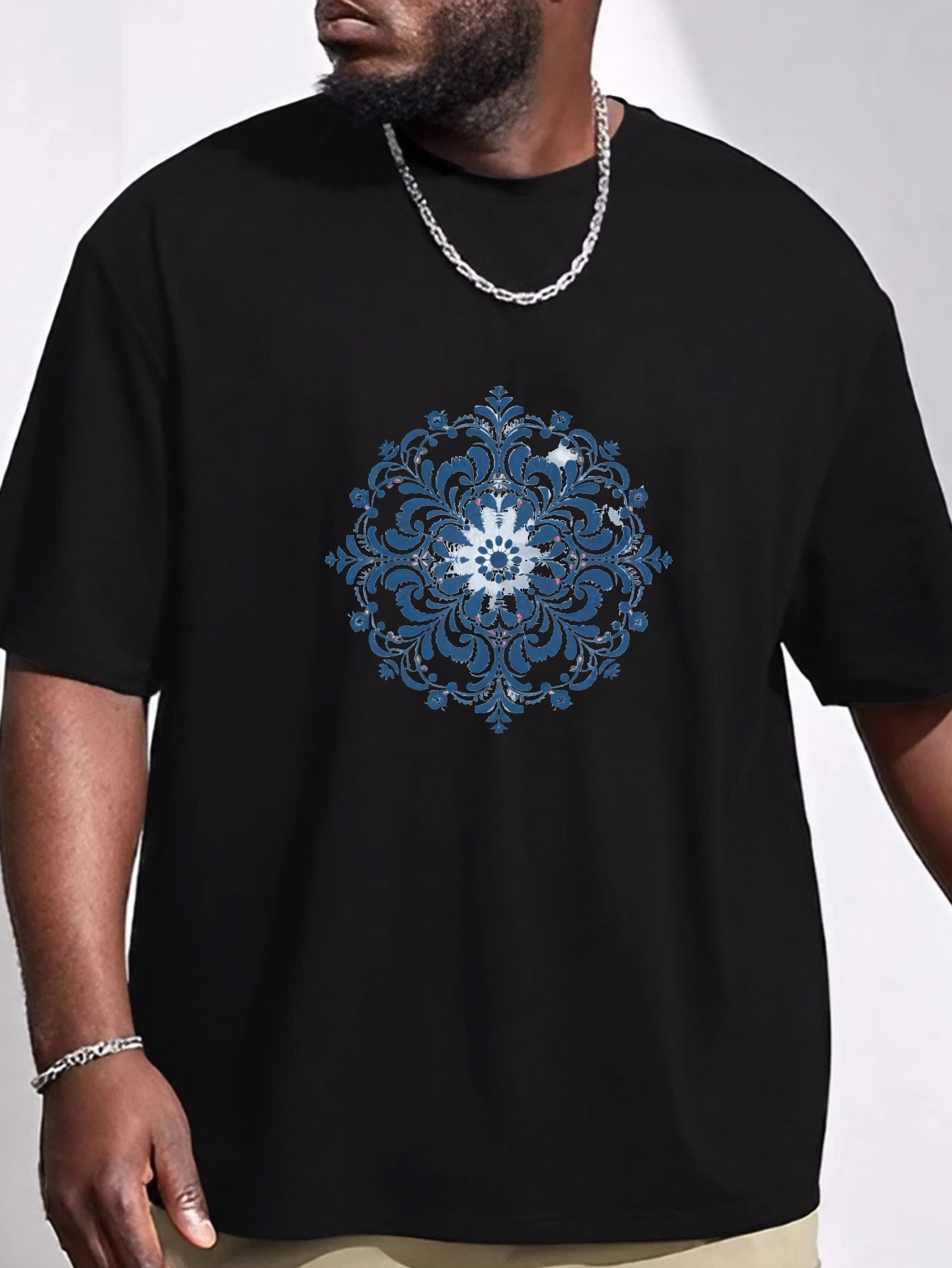 plus size blue floral totem print mens graphic t shirt oversized short sleeve casual tee for big tall guys details 10