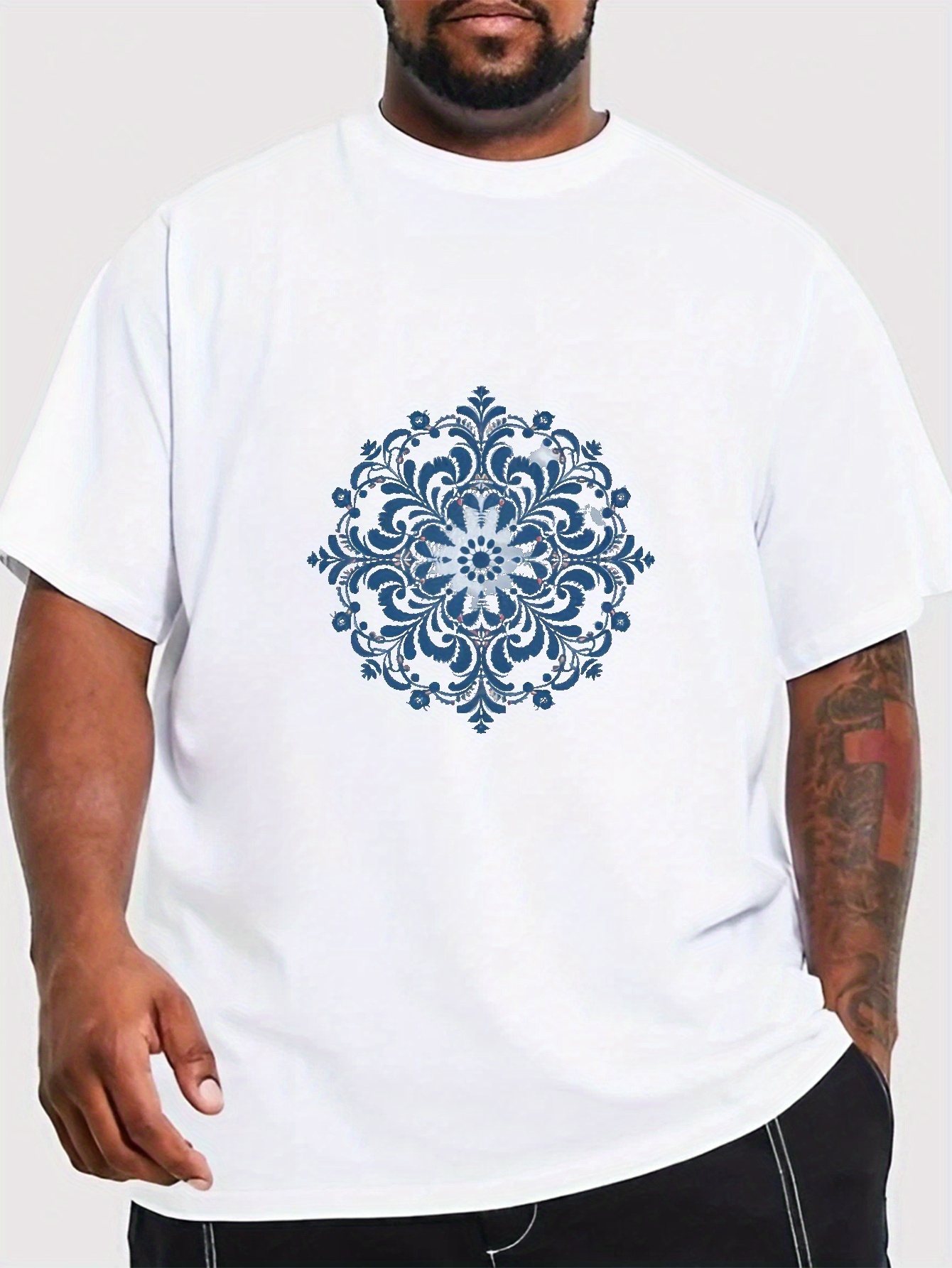 plus size blue floral totem print mens graphic t shirt oversized short sleeve casual tee for big tall guys details 16