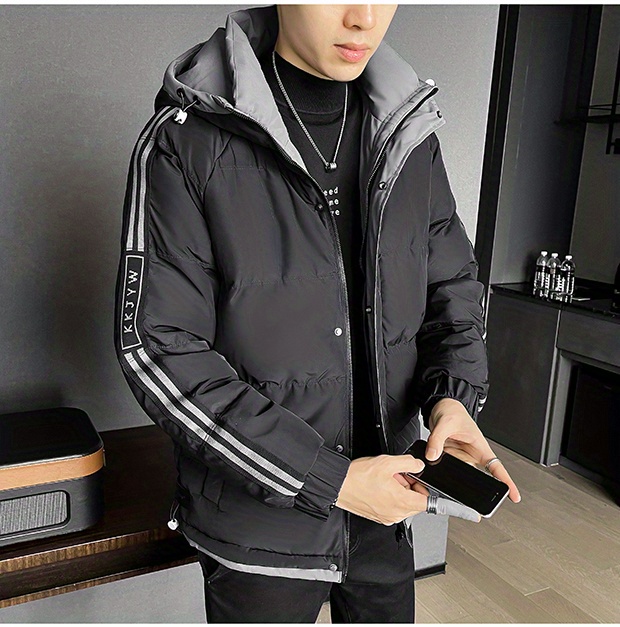 plus size mens hooded jacket solid winter warm thick zipper bread down clothing details 1