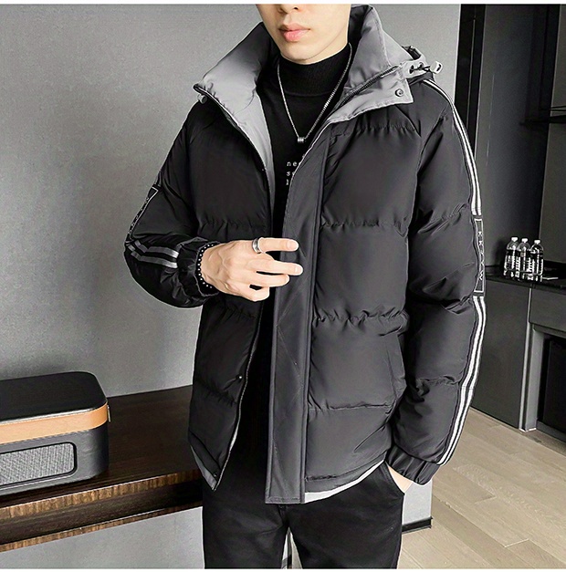 plus size mens hooded jacket solid winter warm thick zipper bread down clothing details 2