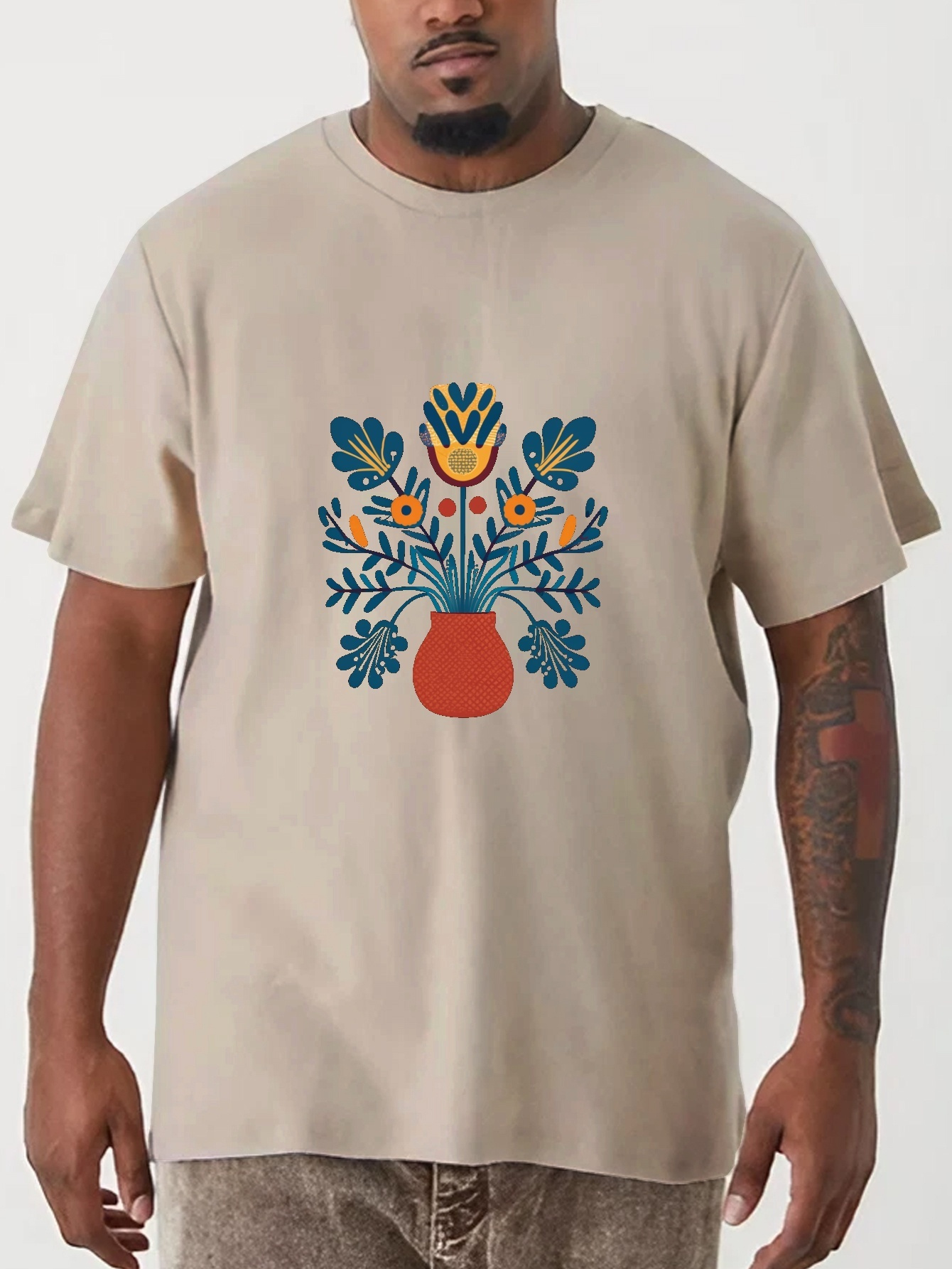 plus size boho potted flower print mens graphic t shirt oversized short sleeve casual tee for big tall guys details 5