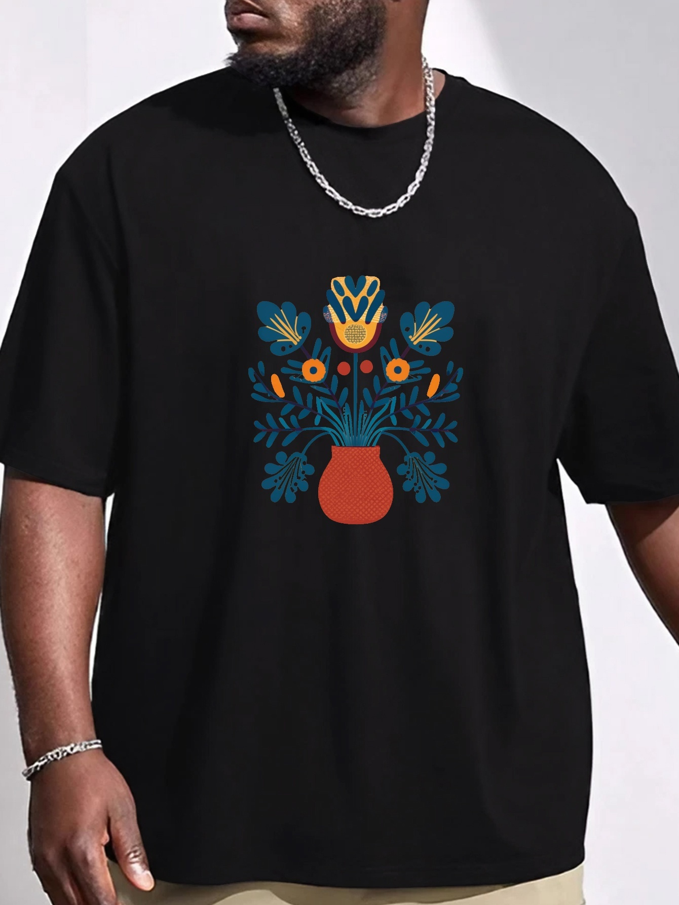 plus size boho potted flower print mens graphic t shirt oversized short sleeve casual tee for big tall guys details 10