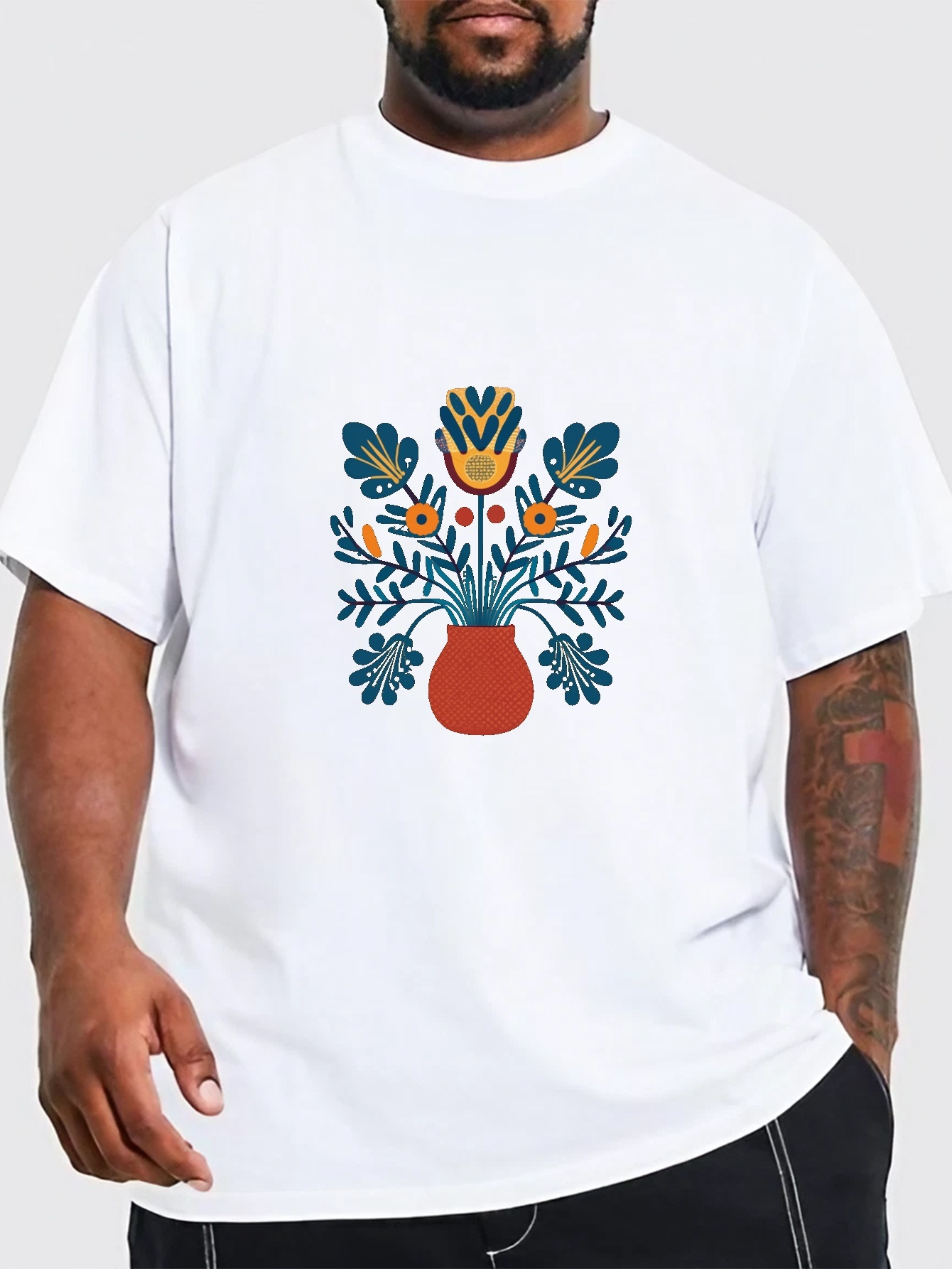 plus size boho potted flower print mens graphic t shirt oversized short sleeve casual tee for big tall guys details 16