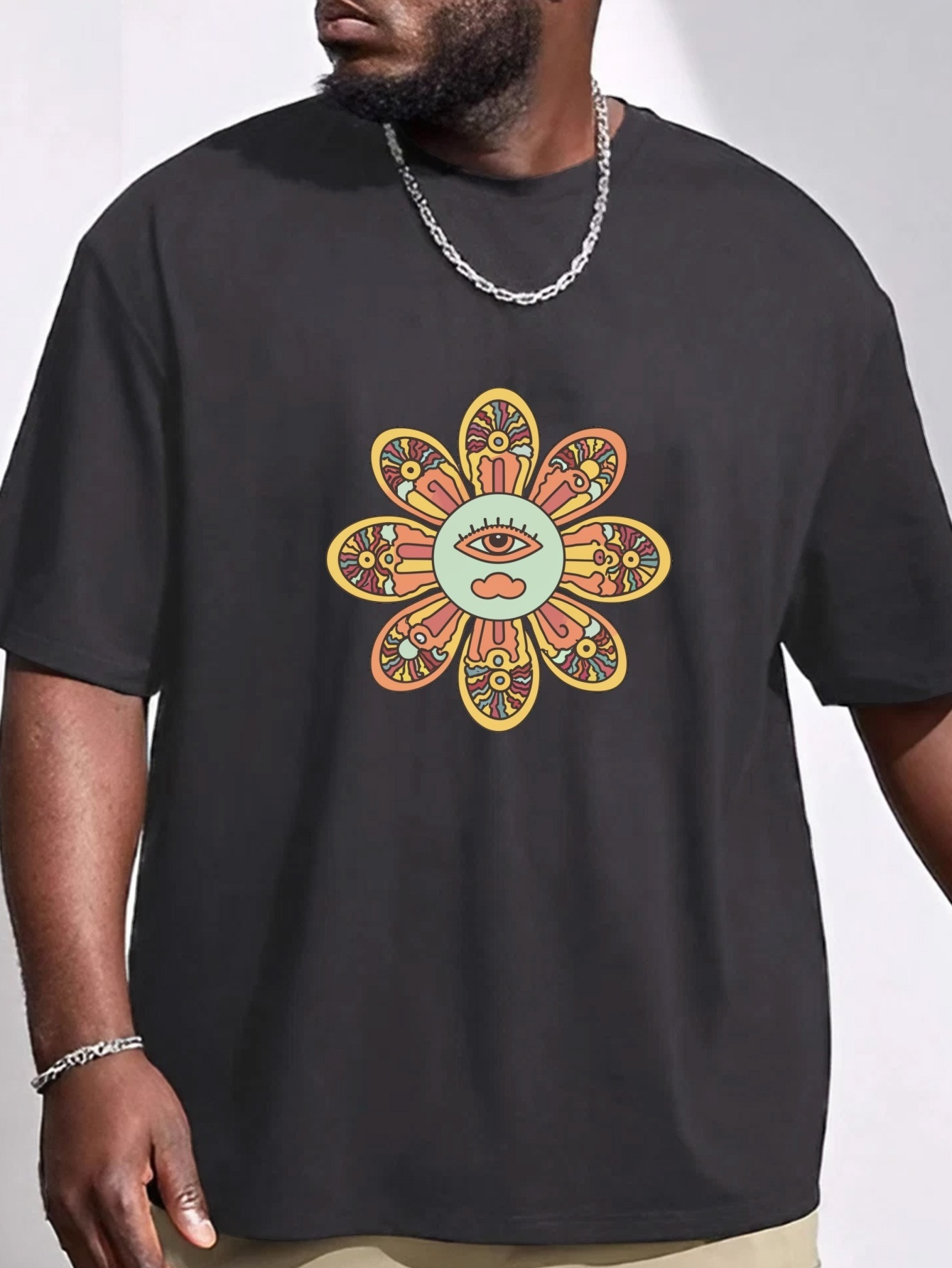 plus size retro flower art print mens graphic t shirt oversized short sleeve casual tee for big tall guys details 5