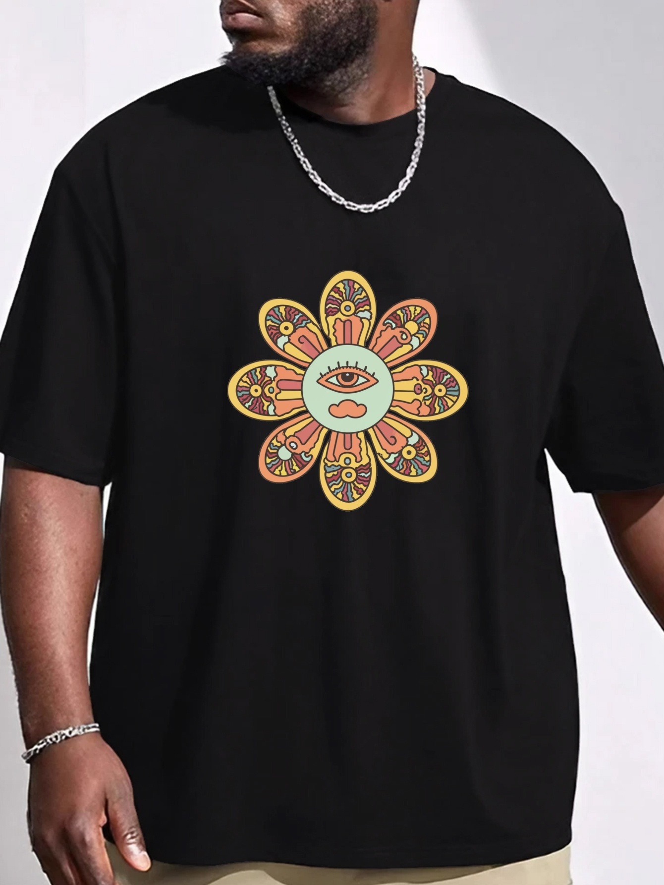 plus size retro flower art print mens graphic t shirt oversized short sleeve casual tee for big tall guys details 16