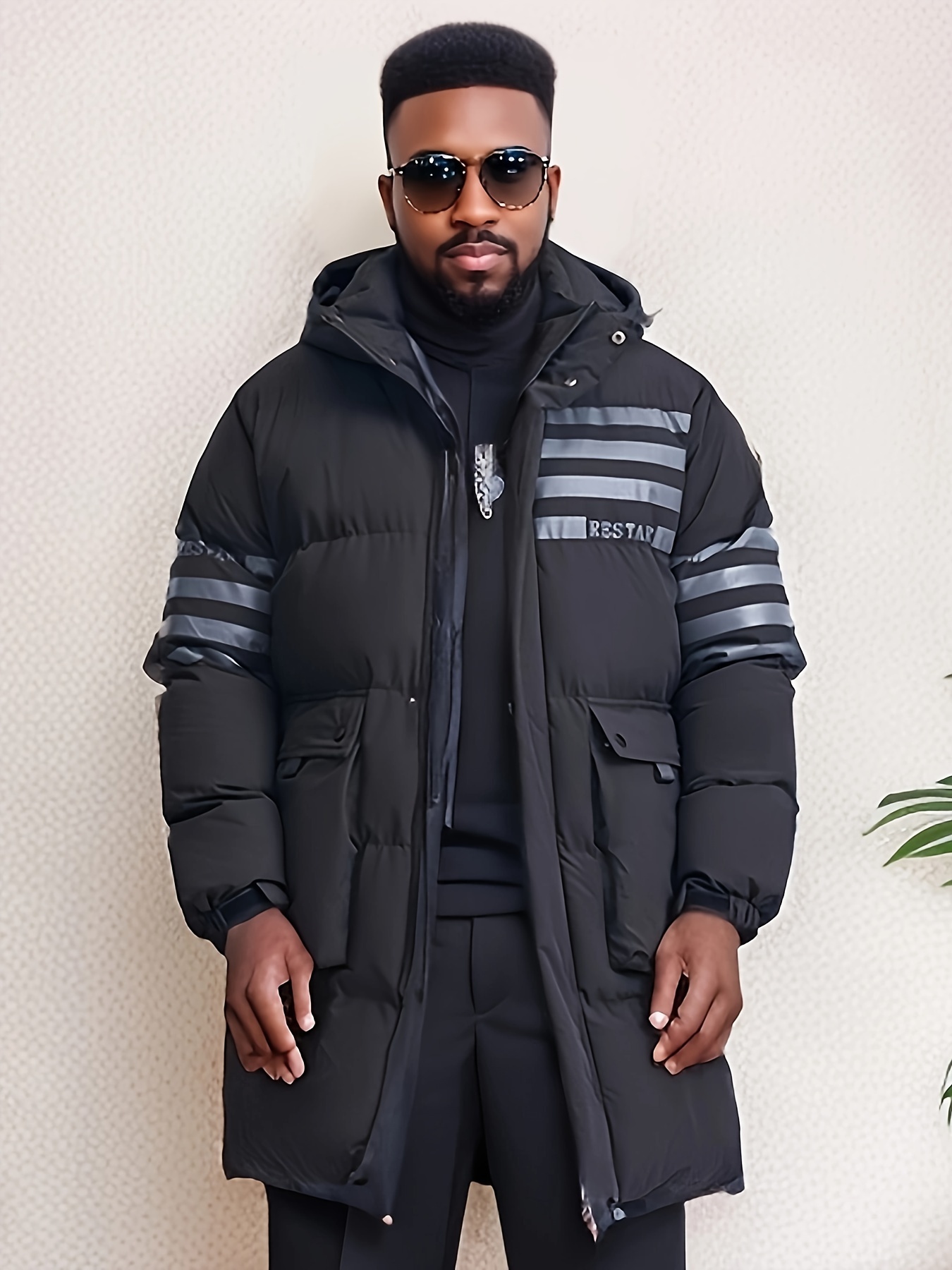 plus size mens stripes print puffer jacket with hood thick warm midi jacket windbreaker for fall winter mens clothing details 0