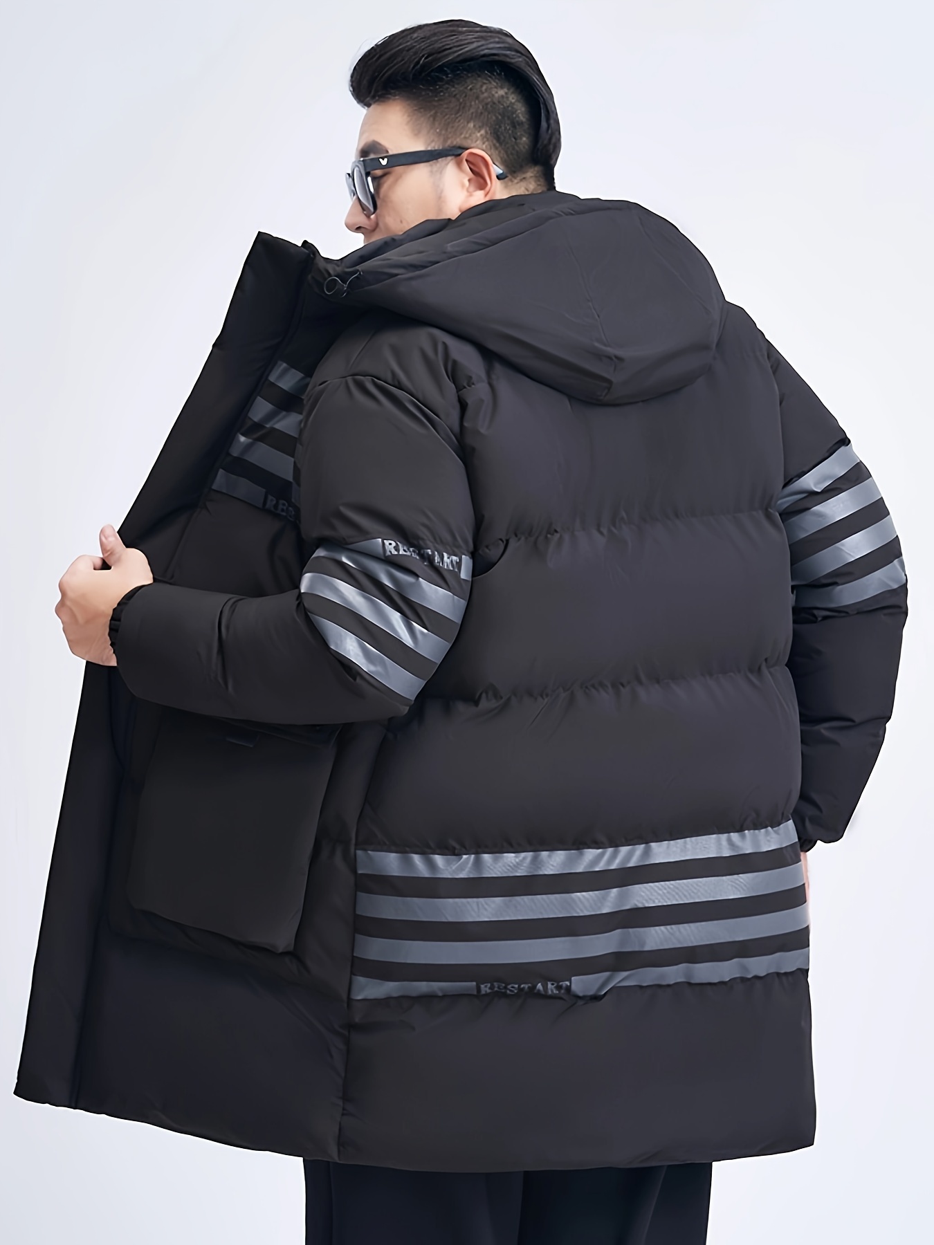 plus size mens stripes print puffer jacket with hood thick warm midi jacket windbreaker for fall winter mens clothing details 1