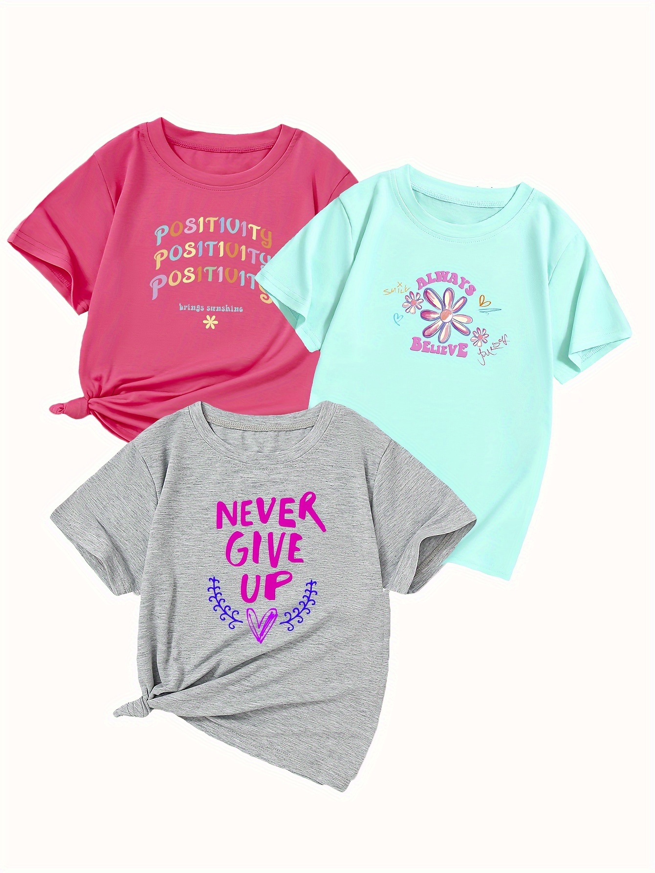 3pcs girls trendy daisy never give up positivity print t shirts casual stretchy breathable short sleeve top for summer details 0