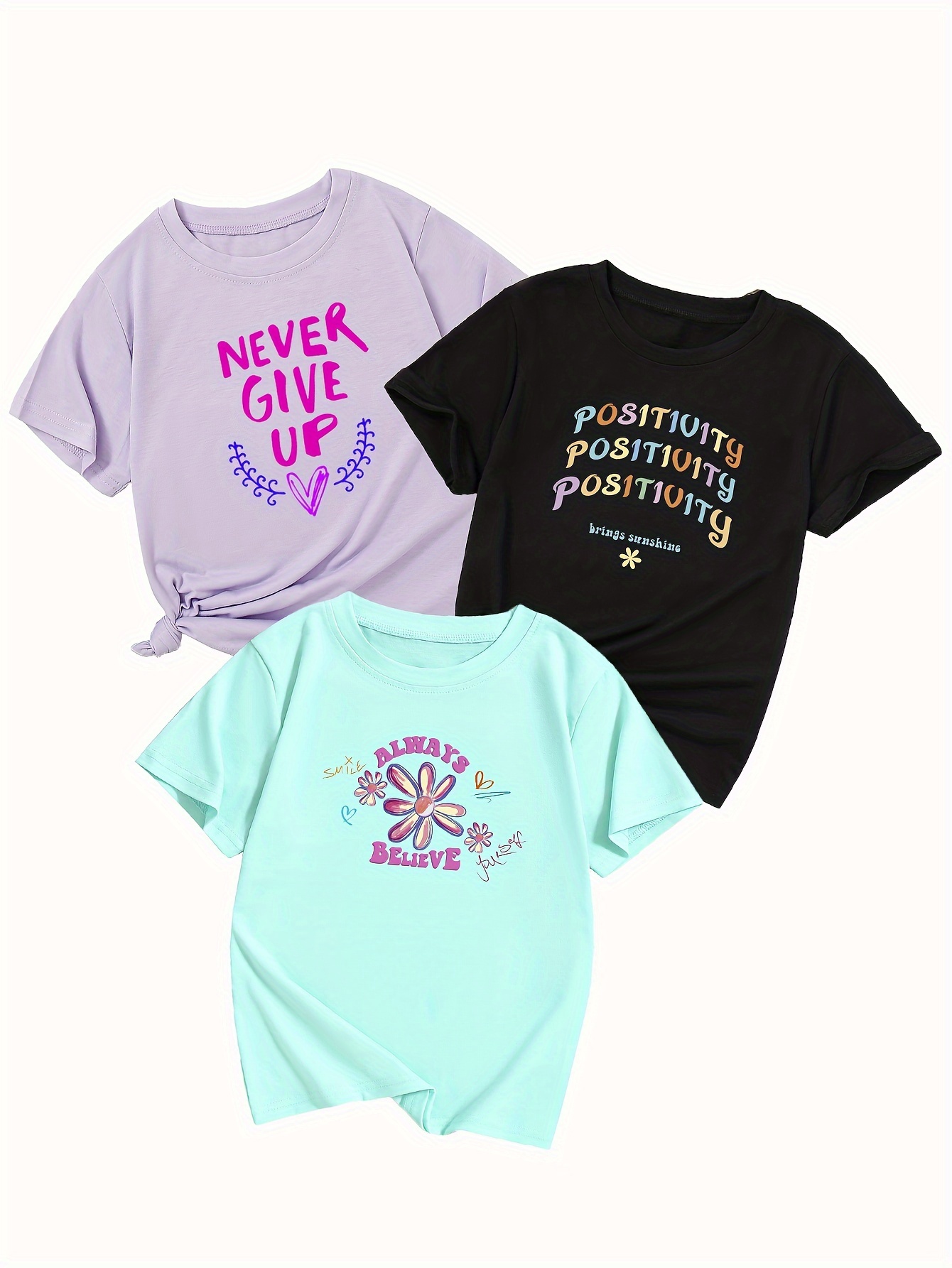 3pcs girls trendy daisy never give up positivity print t shirts casual stretchy breathable short sleeve top for summer details 5