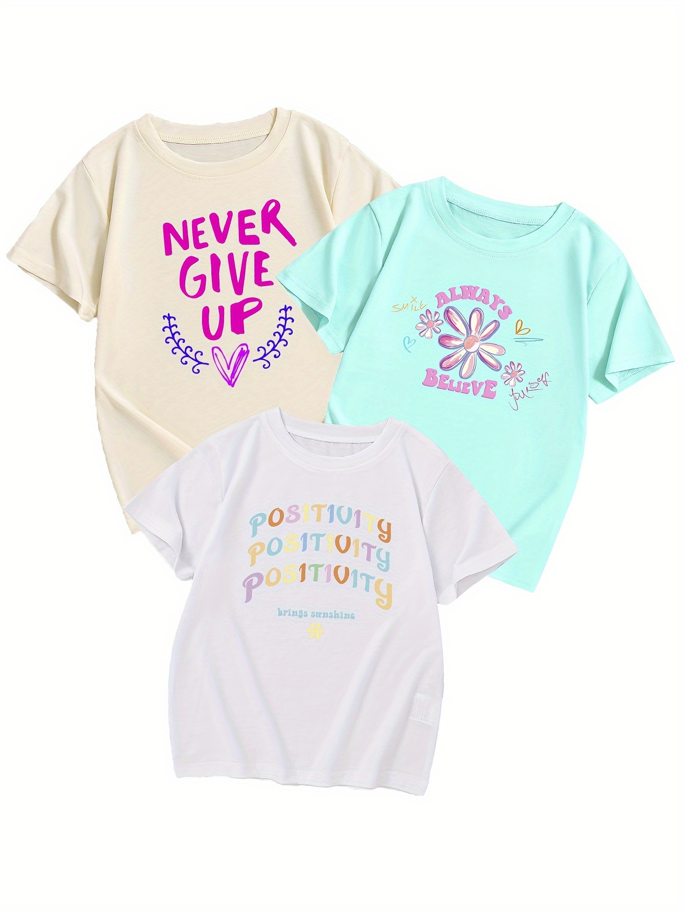 3pcs girls trendy daisy never give up positivity print t shirts casual stretchy breathable short sleeve top for summer details 10