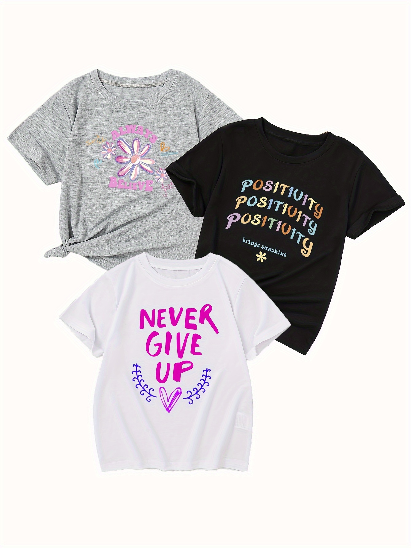 3pcs girls trendy daisy never give up positivity print t shirts casual stretchy breathable short sleeve top for summer details 15