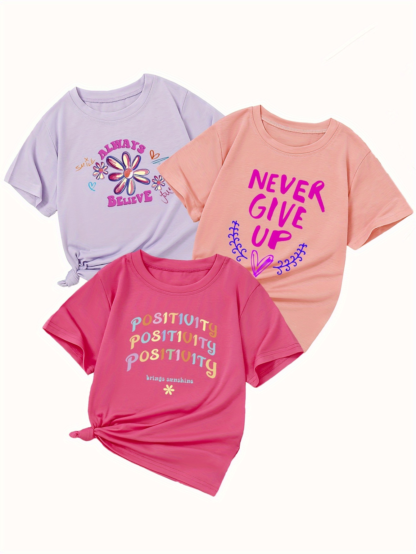 3pcs girls trendy daisy never give up positivity print t shirts casual stretchy breathable short sleeve top for summer details 21