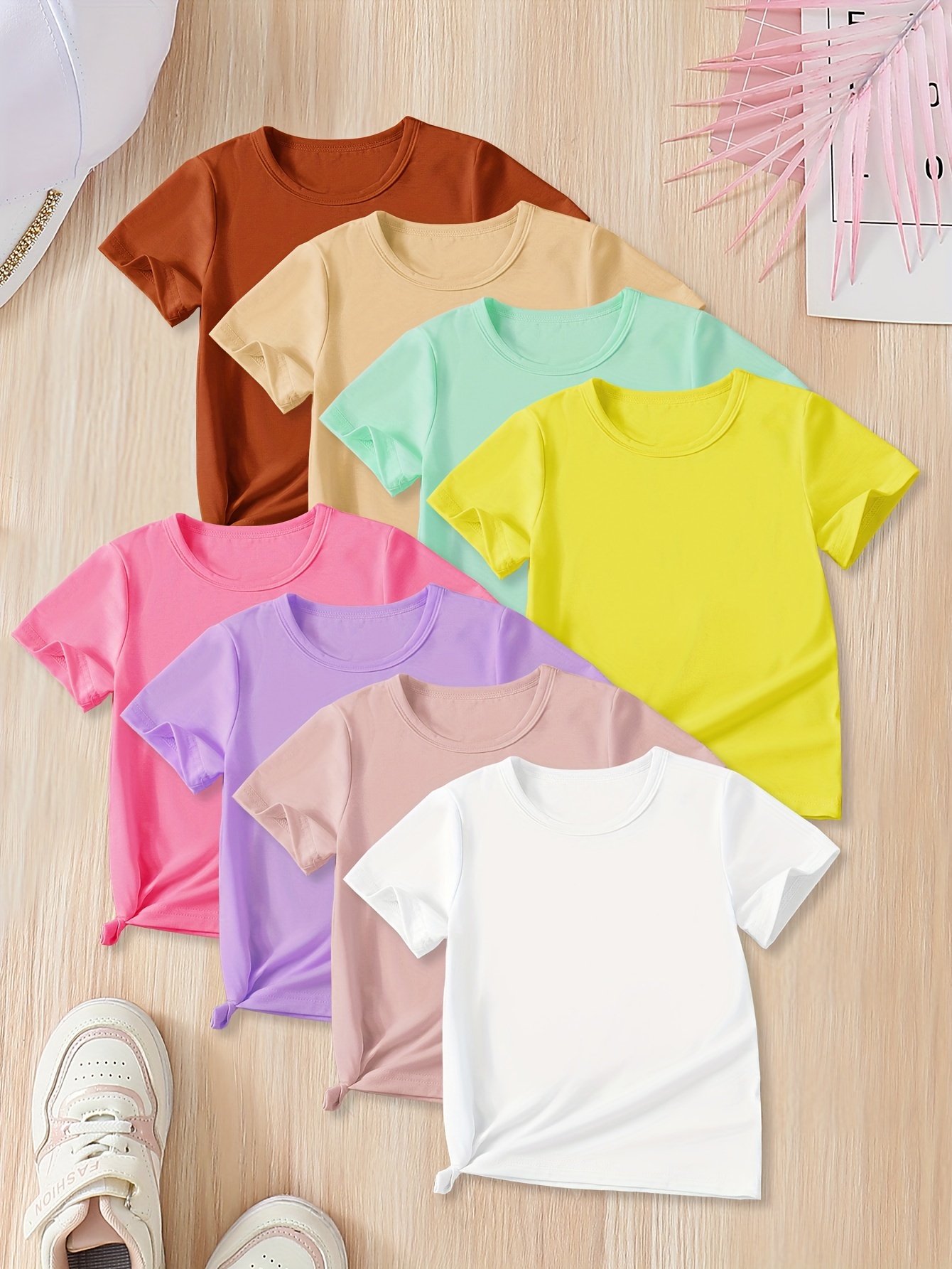 girls 8pcs set casual comfy solid colored tees for spring summer details 0