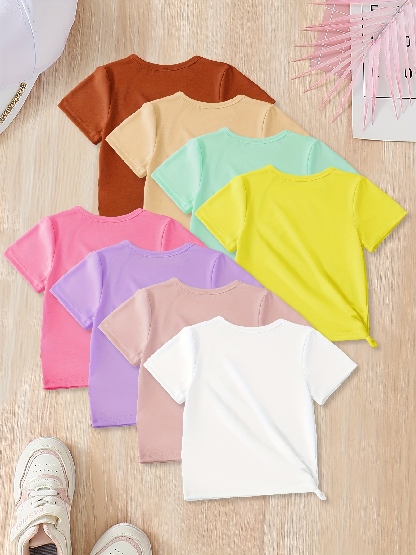 girls 8pcs set casual comfy solid colored tees for spring summer details 1