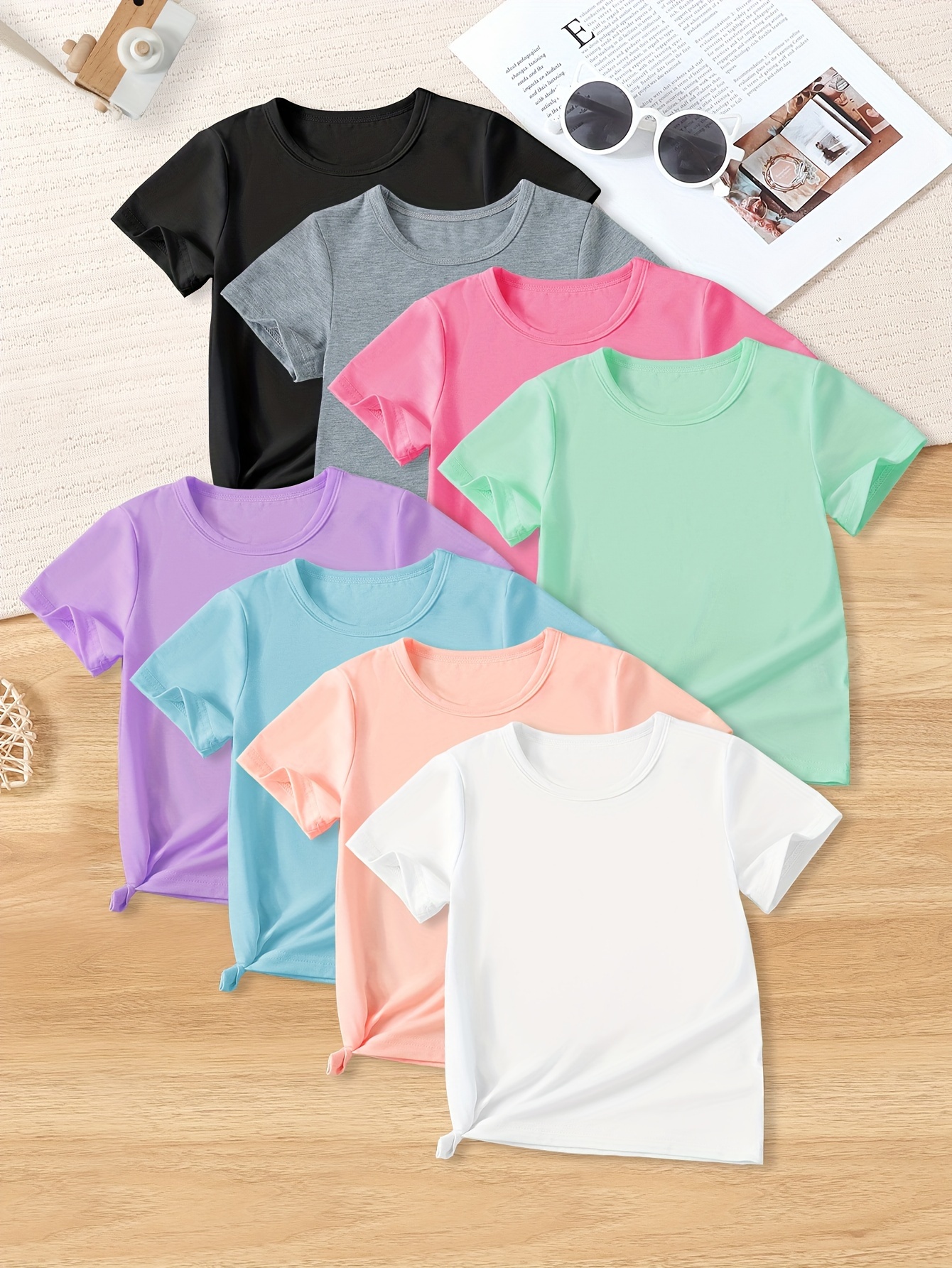 girls 8pcs set casual comfy solid colored tees for spring summer details 11