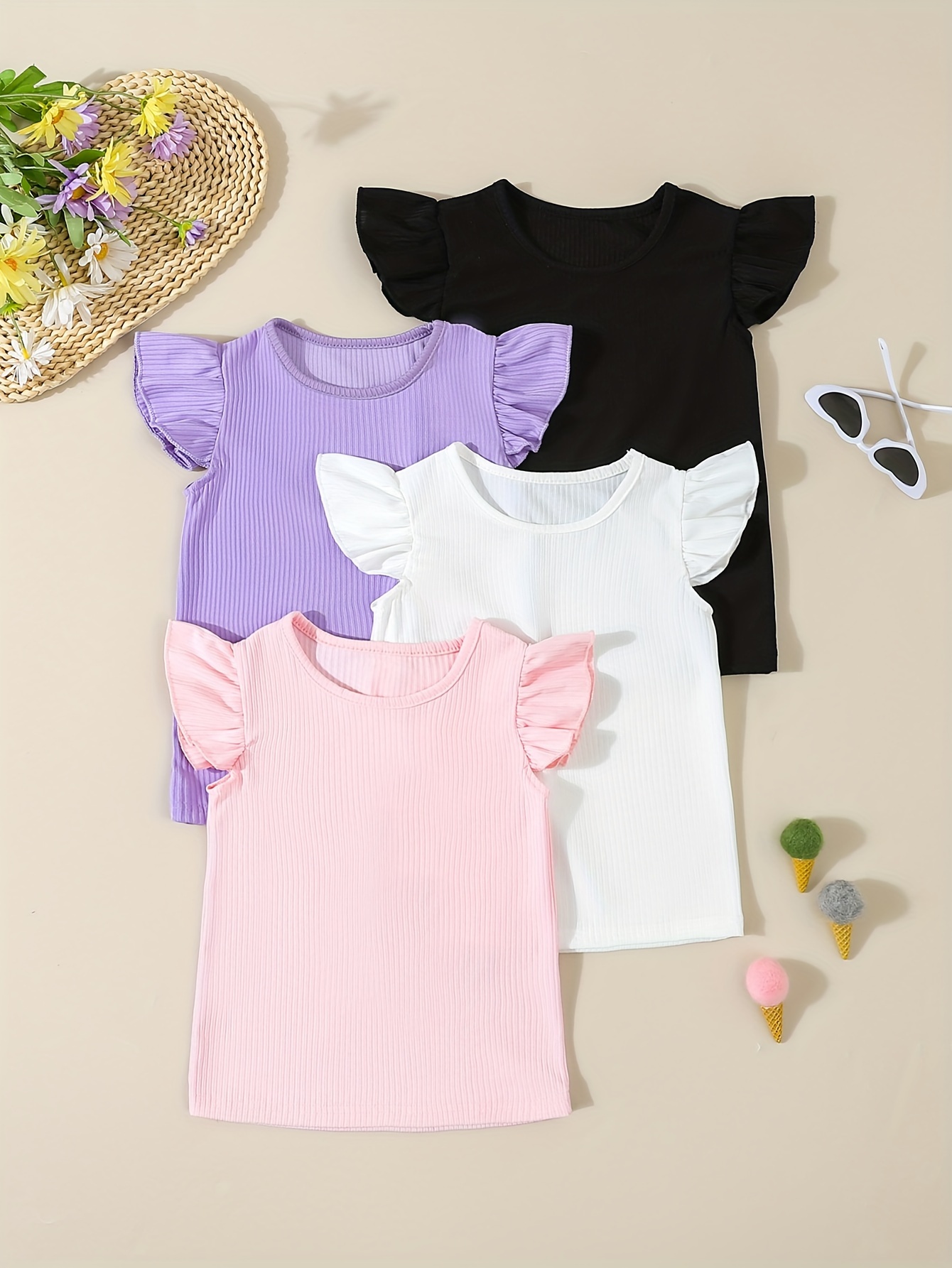 girls 4pcs set casual stylish solid colored ribbed flutter sleeve tees for spring summer details 0