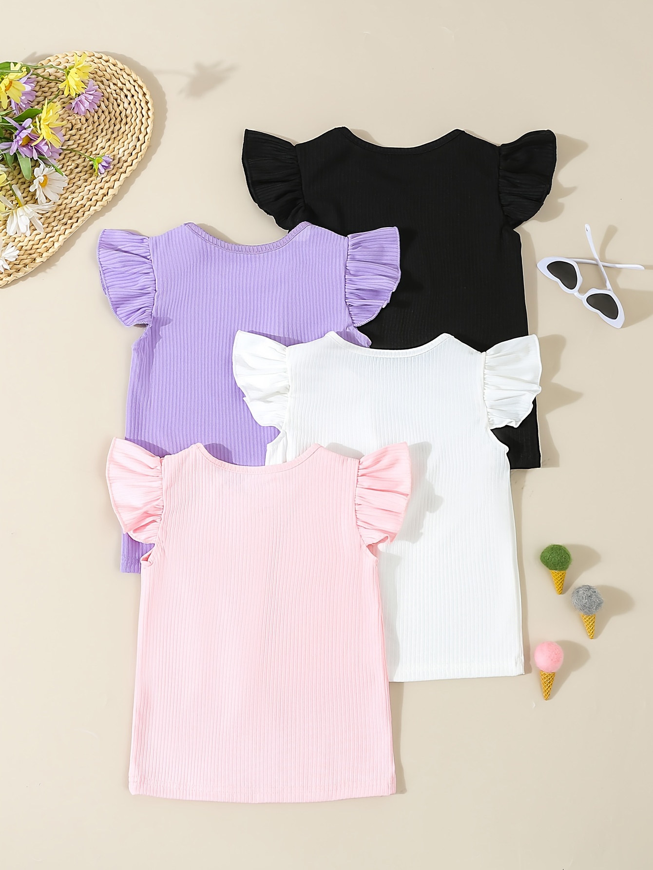 girls 4pcs set casual stylish solid colored ribbed flutter sleeve tees for spring summer details 3