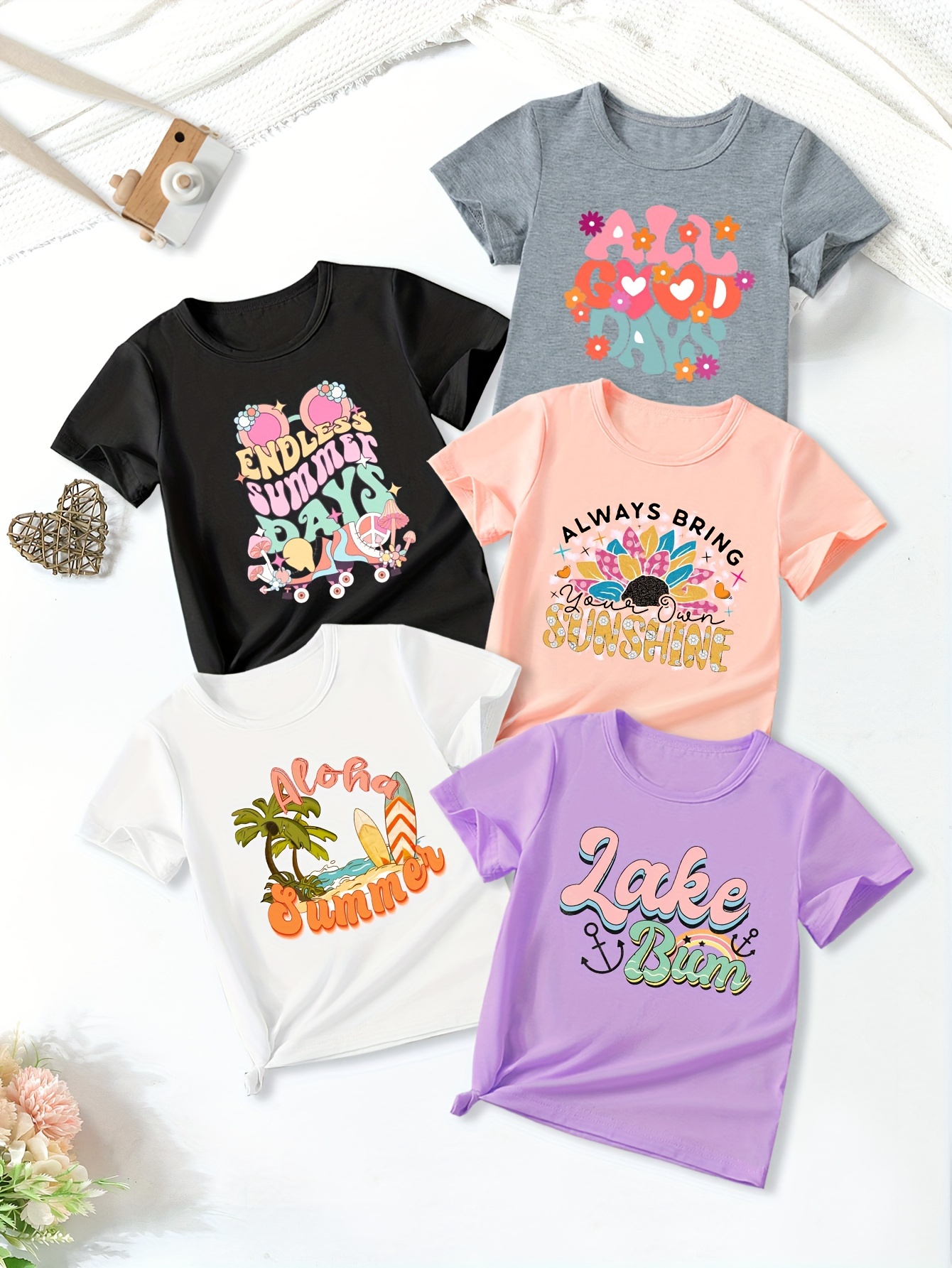 5pcs cute cartoon graphic crew neck short sleeve t shirt set for girls summer gift outdoor details 0