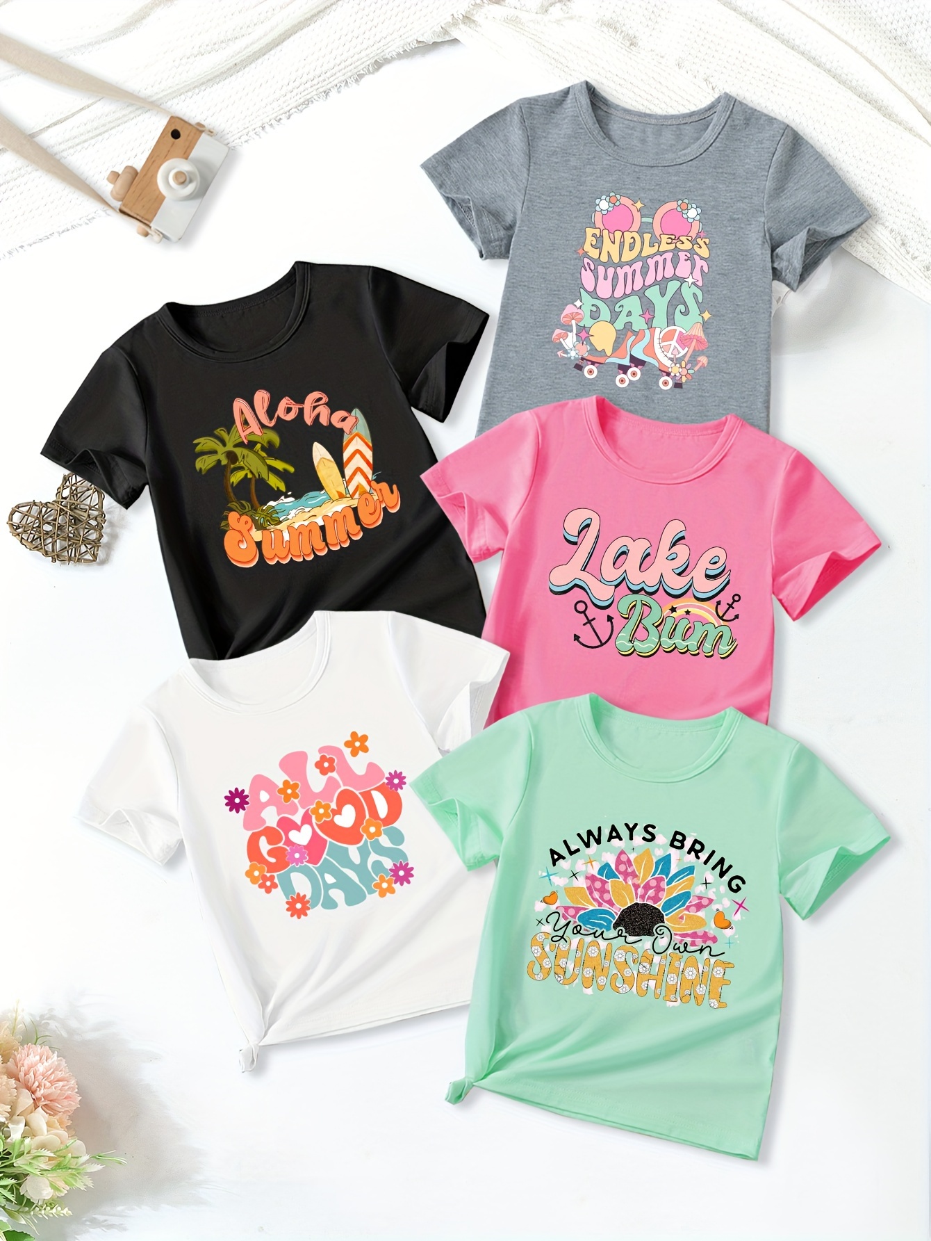 5pcs cute cartoon graphic crew neck short sleeve t shirt set for girls summer gift outdoor details 5