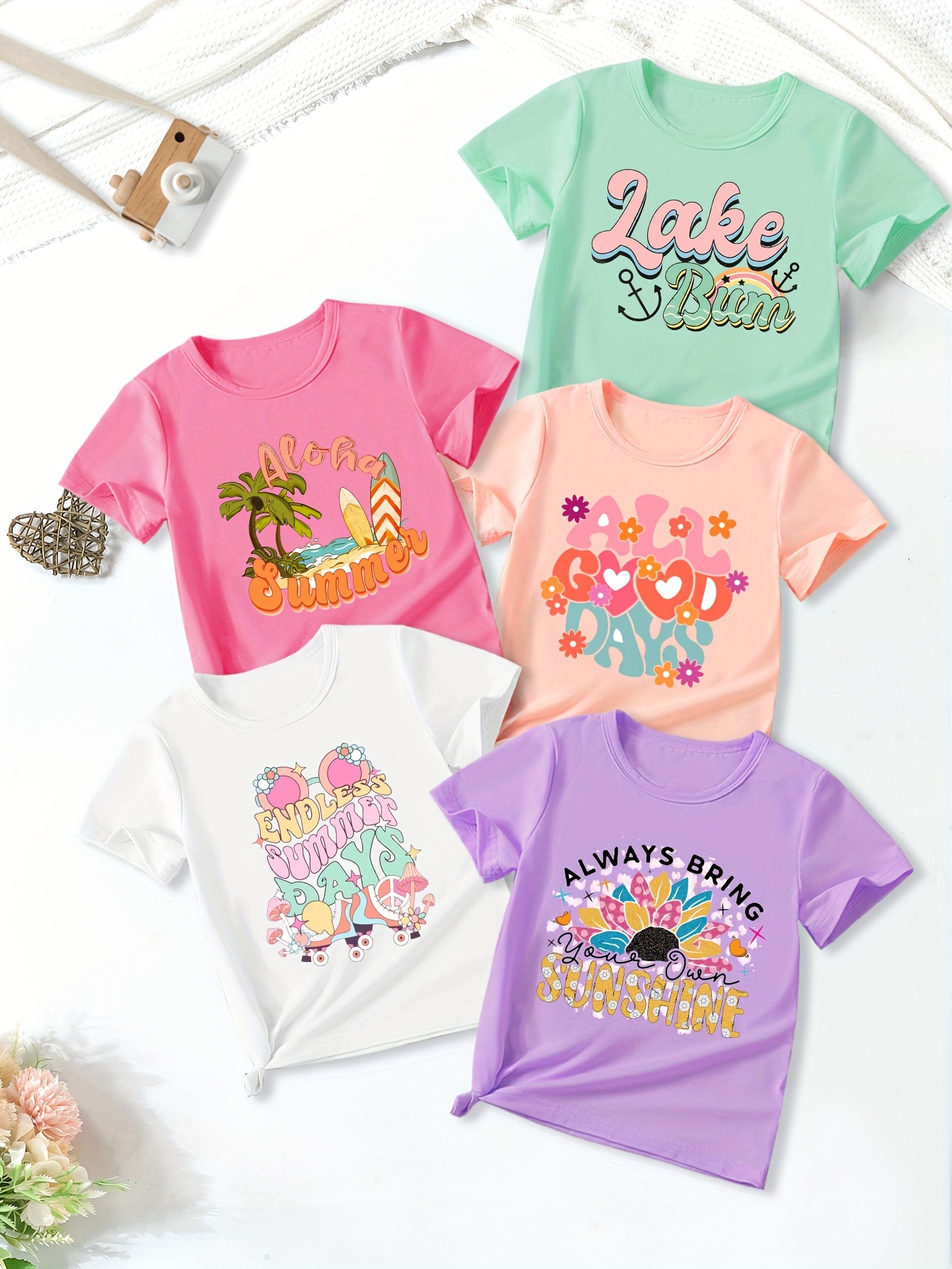 5pcs cute cartoon graphic crew neck short sleeve t shirt set for girls summer gift outdoor details 11