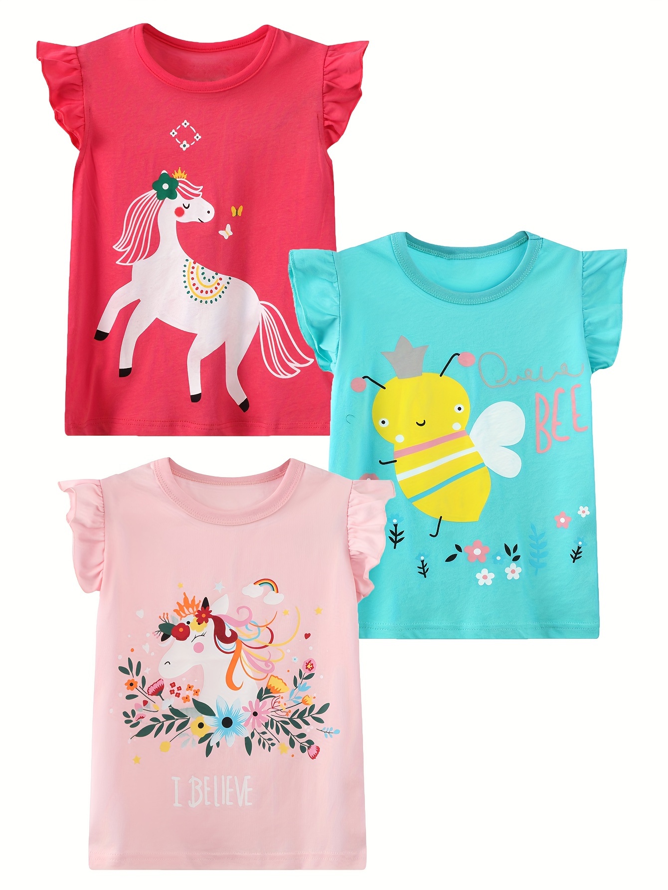 3pcs comfy 100 cotton cartoon animal graphic flutter trim sleeveless t shirt set summer clothes gift for girls details 0