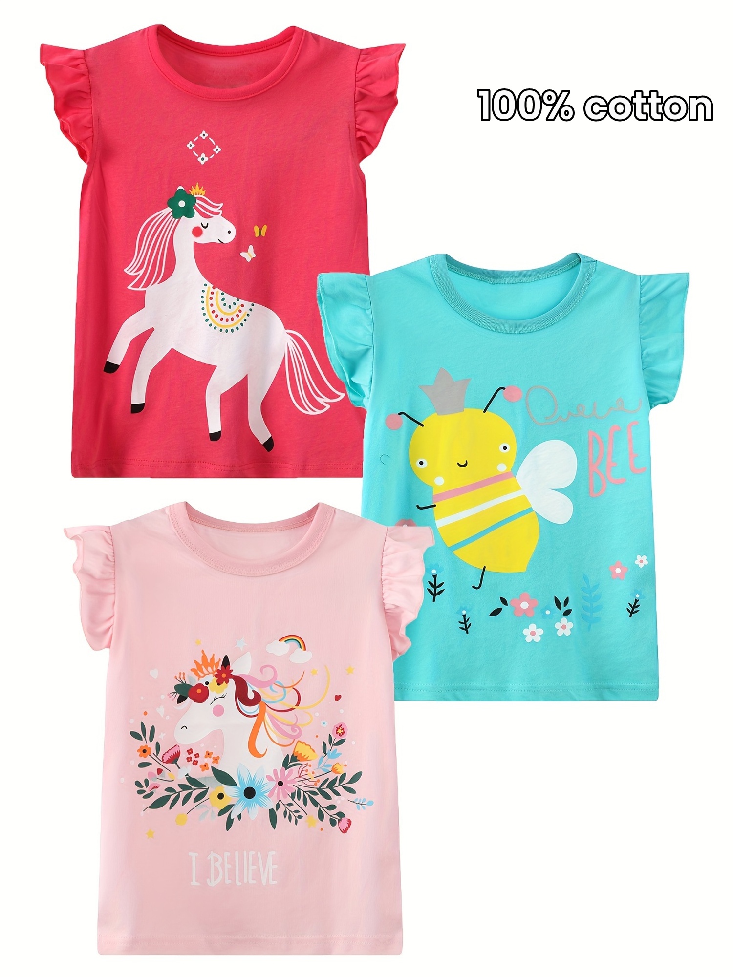 3pcs comfy 100 cotton cartoon animal graphic flutter trim sleeveless t shirt set summer clothes gift for girls details 3