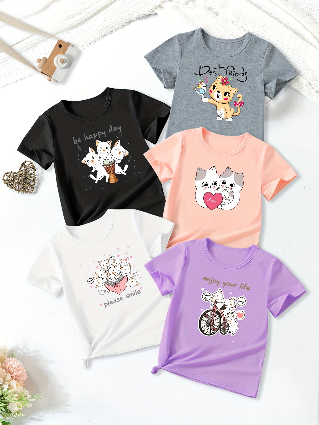 graffiti letters cartoon cat themed graphic print girls 5pcs set casual comfy crew neck short sleeve tees for spring summer girls clothes for outdoor activities details 0