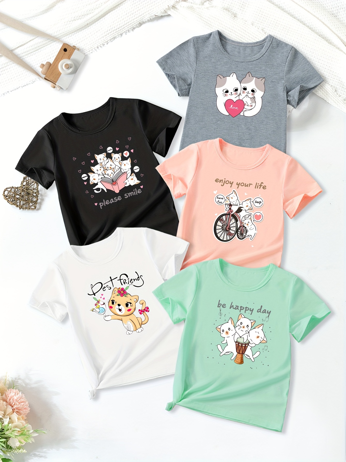 graffiti letters cartoon cat themed graphic print girls 5pcs set casual comfy crew neck short sleeve tees for spring summer girls clothes for outdoor activities details 5