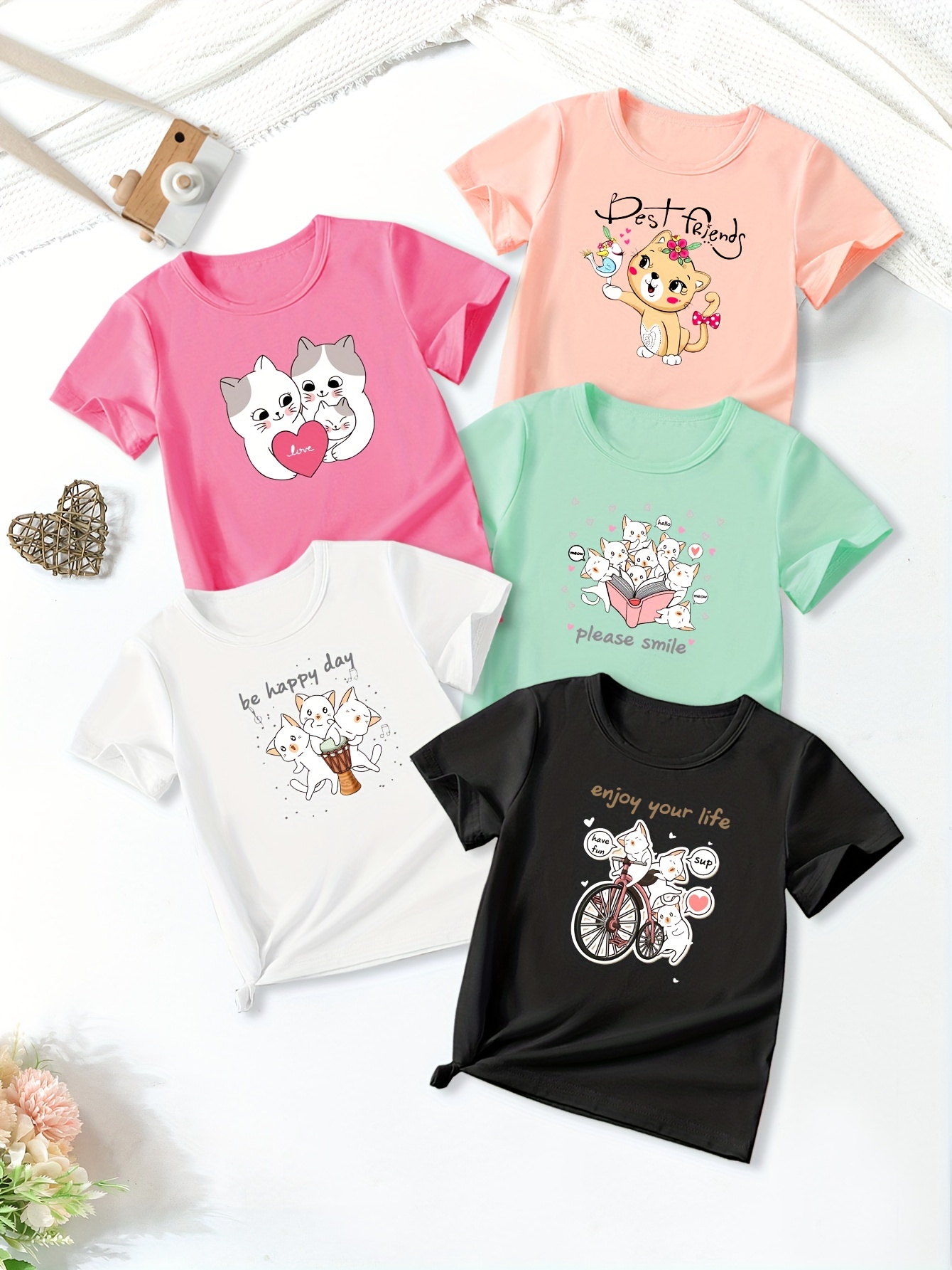 graffiti letters cartoon cat themed graphic print girls 5pcs set casual comfy crew neck short sleeve tees for spring summer girls clothes for outdoor activities details 11