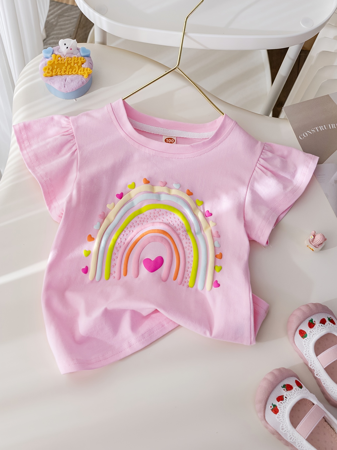 girls breathable stylish flutter sleeve rainbow hearts print cotton top for spring summer details 3