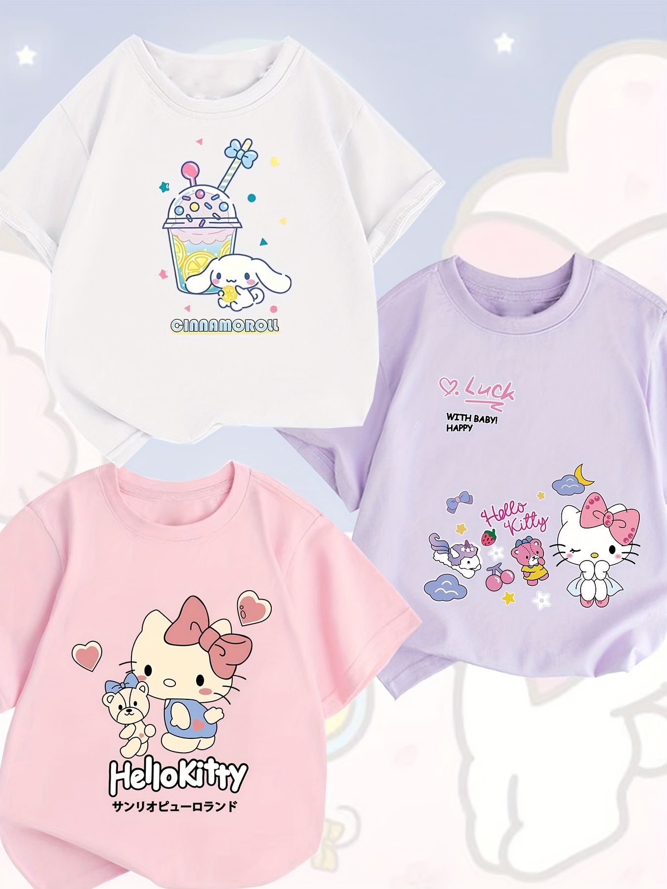 cartoon hello kitten   graphic print 3pcs creative cotton t shirts soft comfy crew neck short sleeve tee girls summer tops details 0