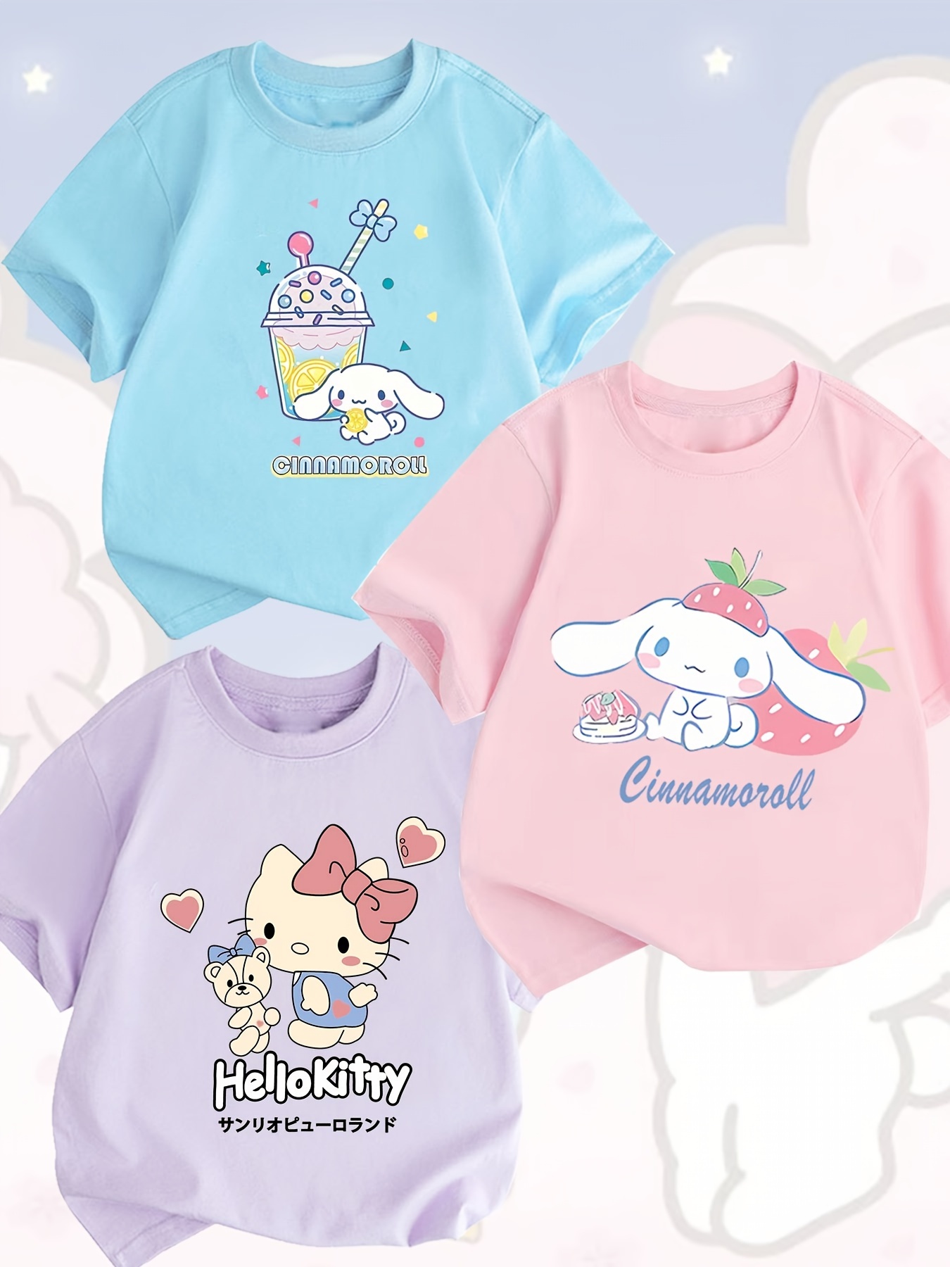 cartoon hello kitten   graphic print 3pcs creative cotton t shirts soft comfy crew neck short sleeve tee girls summer tops details 1