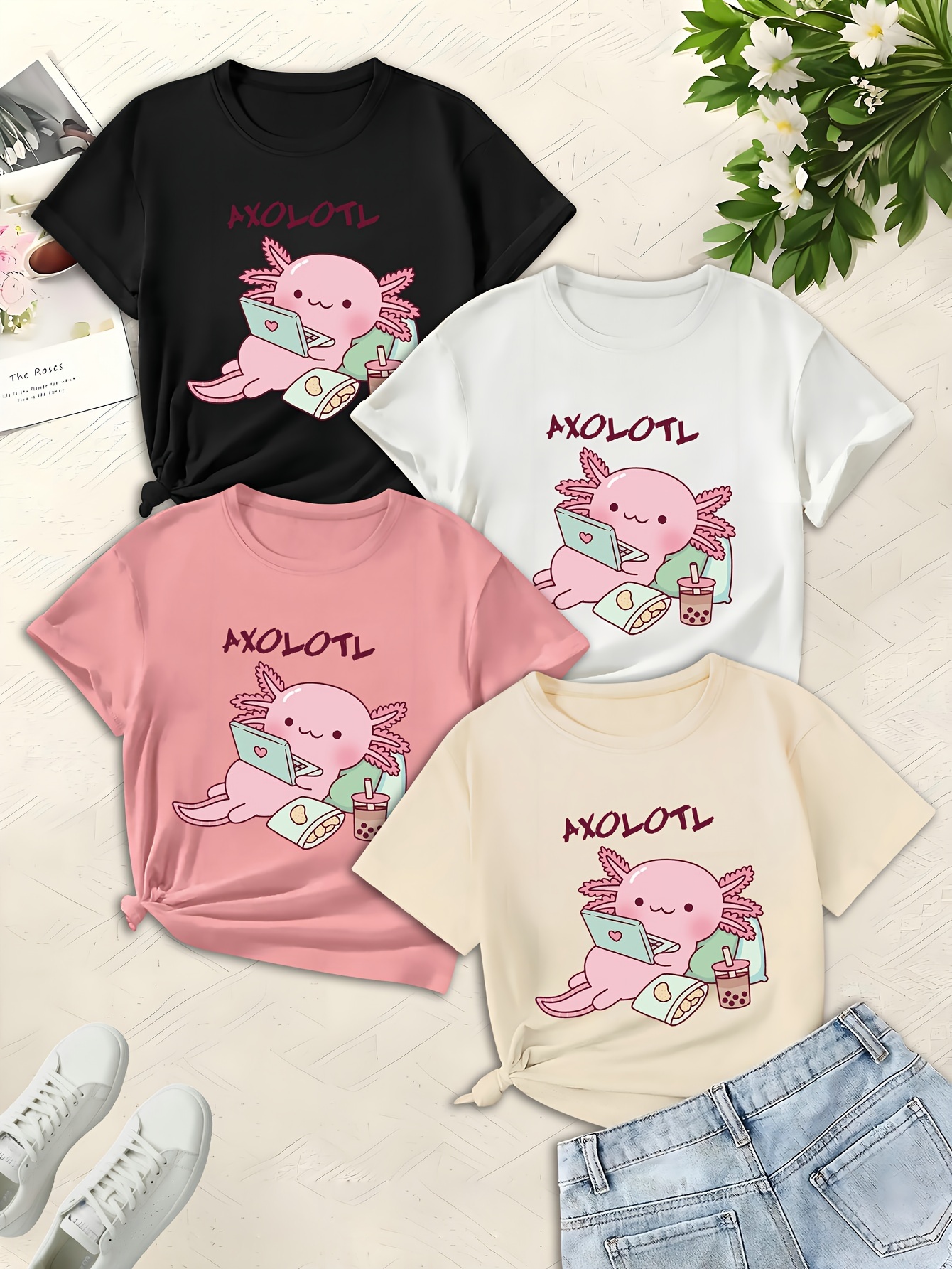 4pcs girls lazy cartoon axolotl graphic print trendy t shirts slightly stretch comfy crew neck short sleeve tee summer tops details 0