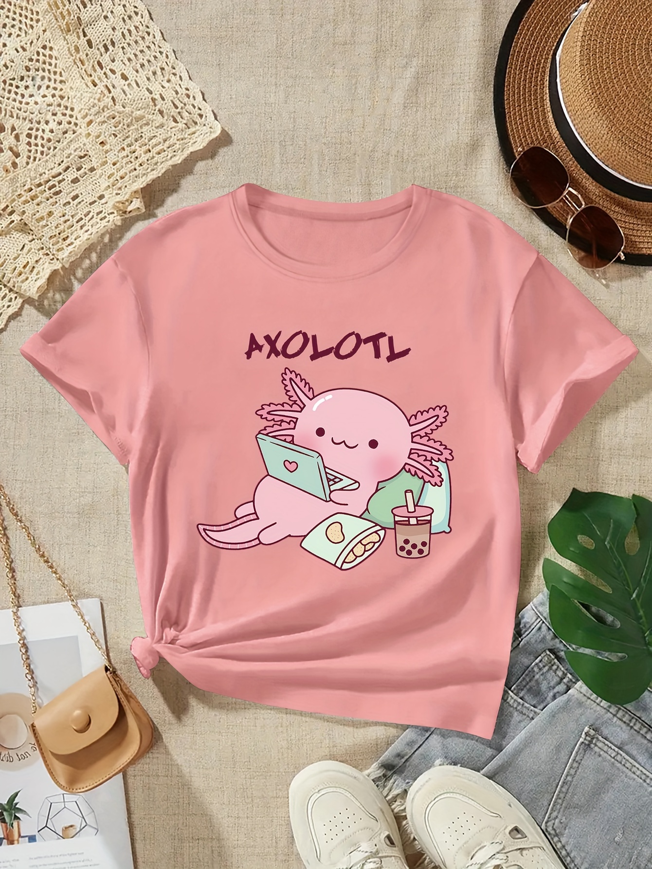 4pcs girls lazy cartoon axolotl graphic print trendy t shirts slightly stretch comfy crew neck short sleeve tee summer tops details 1